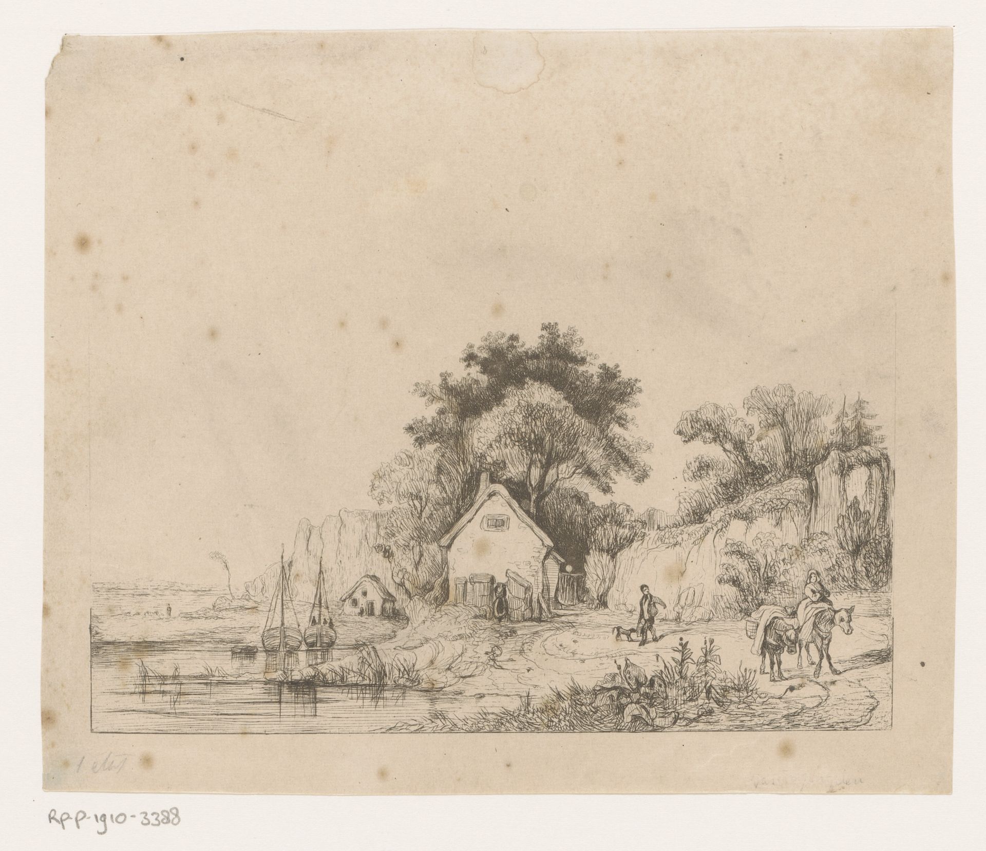 Kustlandschap met enkele huizen en twee boten in het water by Jacques Van Gingelen