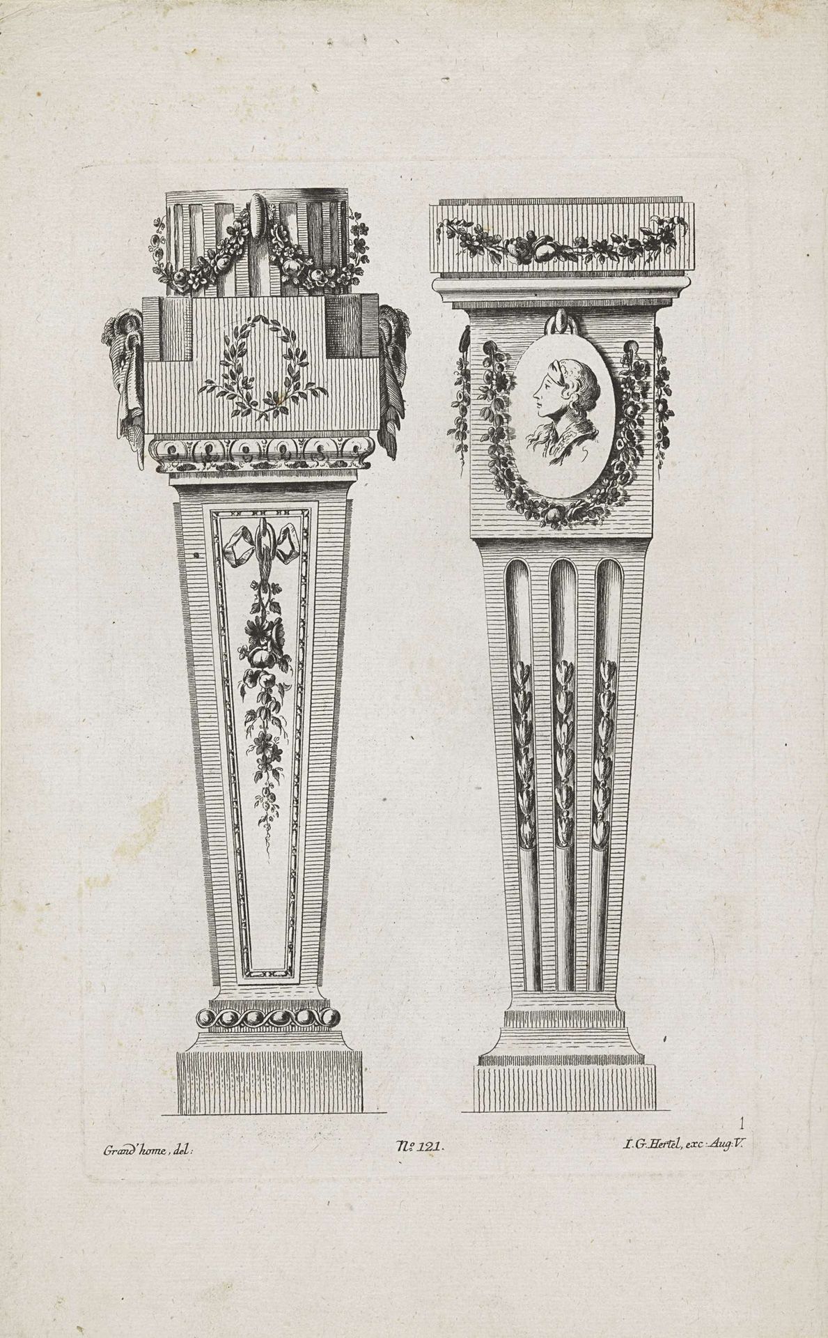 Twee voetstukken met lauwerkrans en medaillon by Anonymous