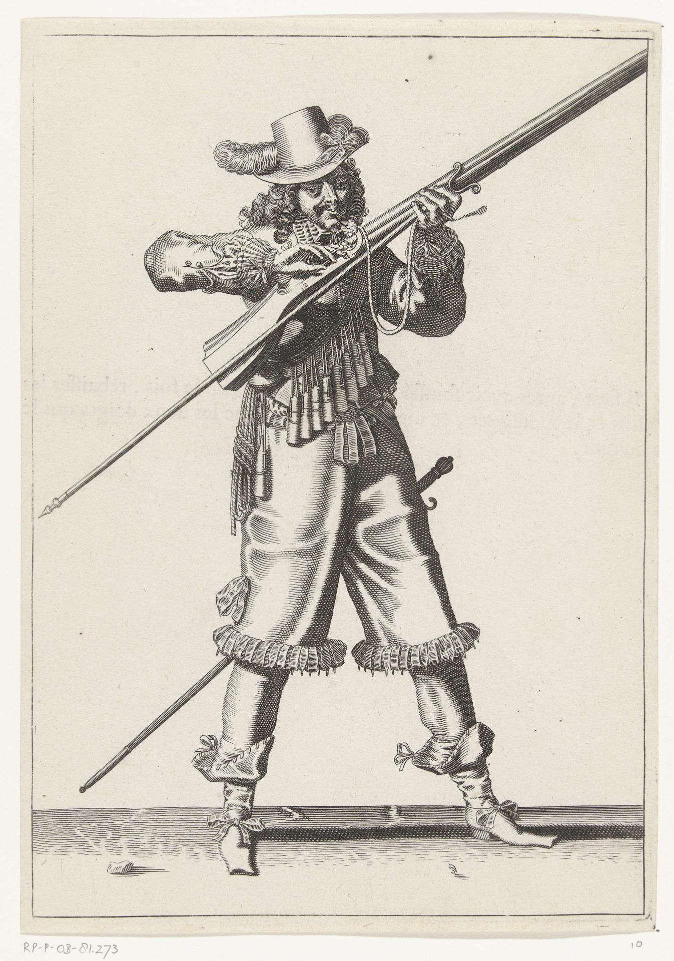 Soldaat die zijn lont schoon blaast, terwijl hij de pan van zijn musket met twee vingers bedekt tegen vonken, ca. 1645 by Petrus Rucholle