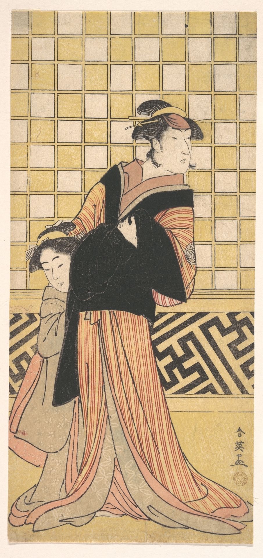Wakayama Tomisaburo as a Woman in a Yellow and Red-Brown Striped Kimono by Katsukawa Shun'ei