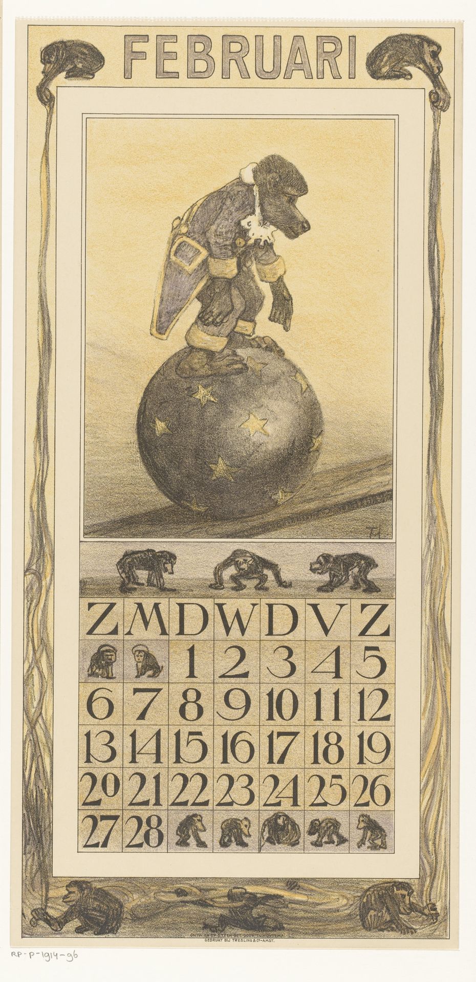 Kalenderblad februari met aap op een bal by Theo van Hoytema