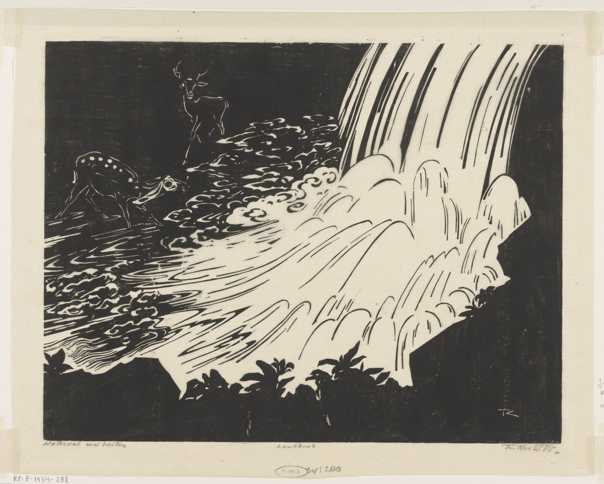 Waterval met herten by Johannes Frederik Engelbert ten Klooster