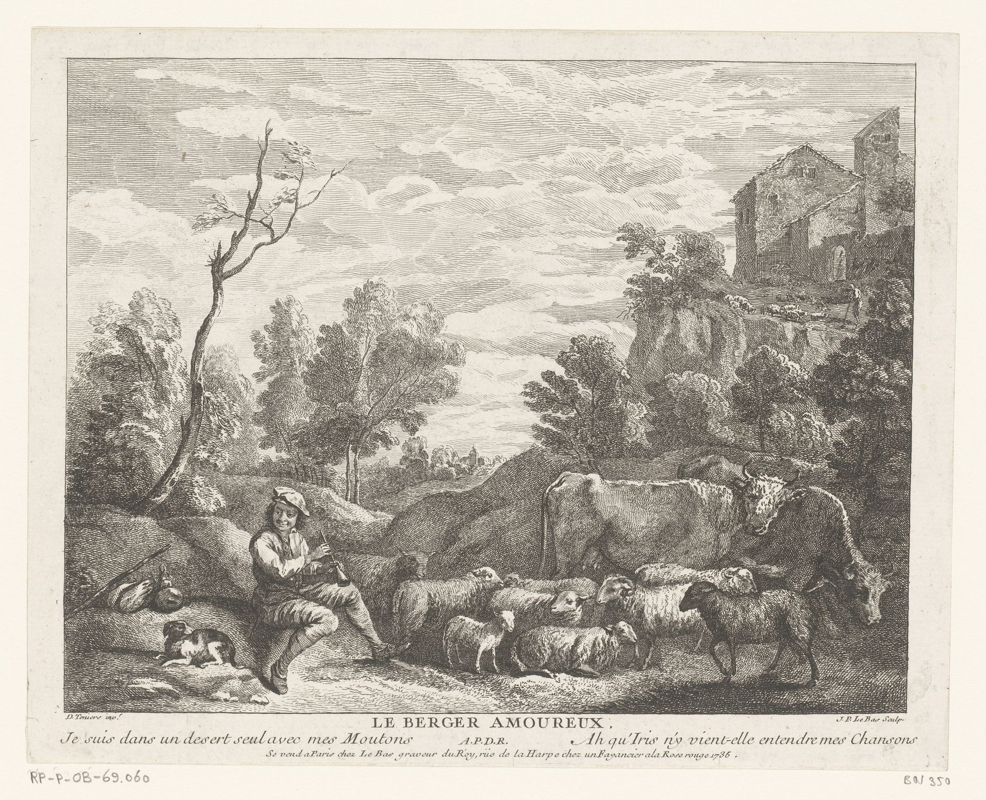 Landschap met fluitspelende herder by Jacques Philippe Le Bas