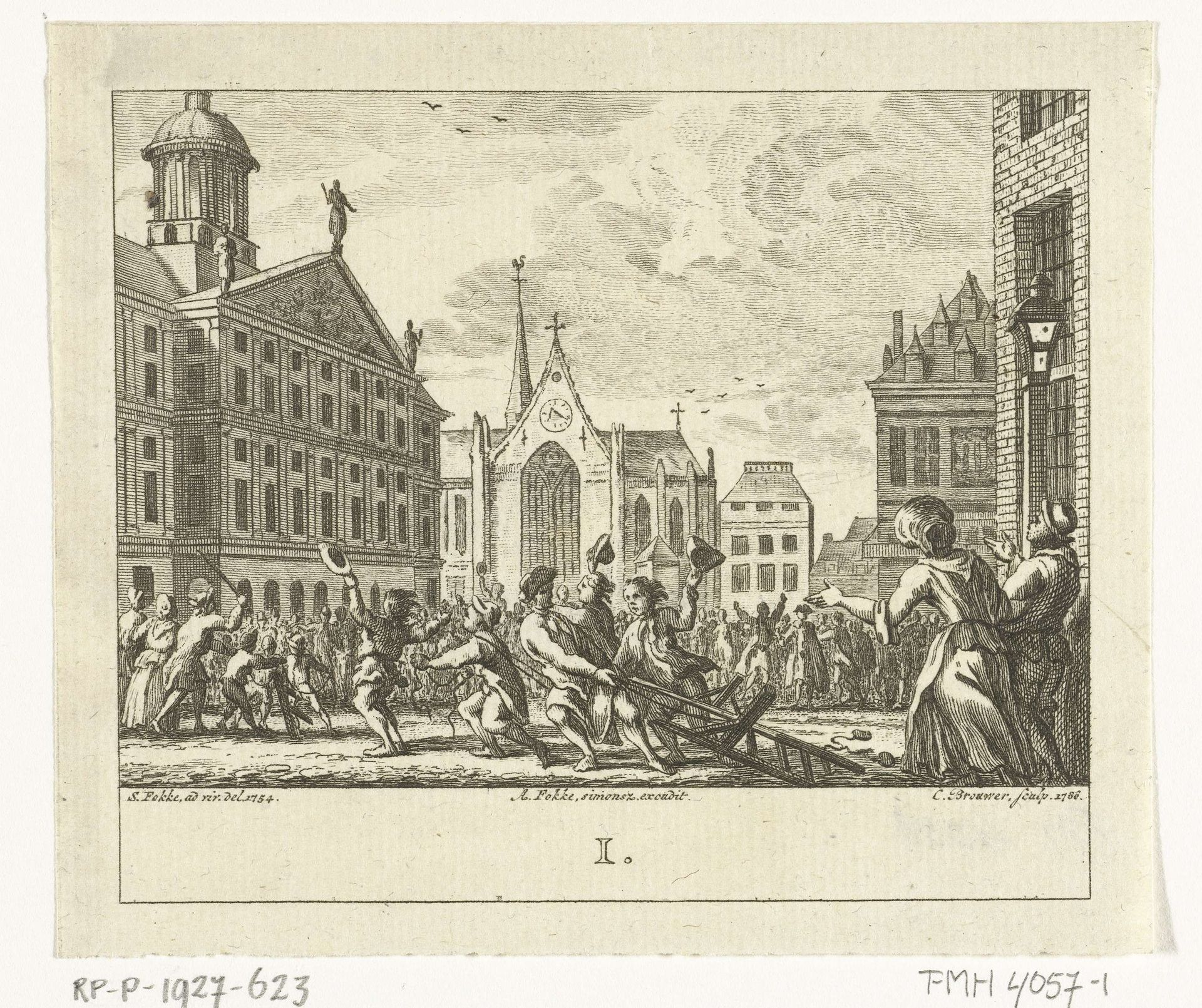 Opstand bij de begrafenis van Daniël Raap op de Dam te Amsterdam in 1754 by Cornelis Brouwer