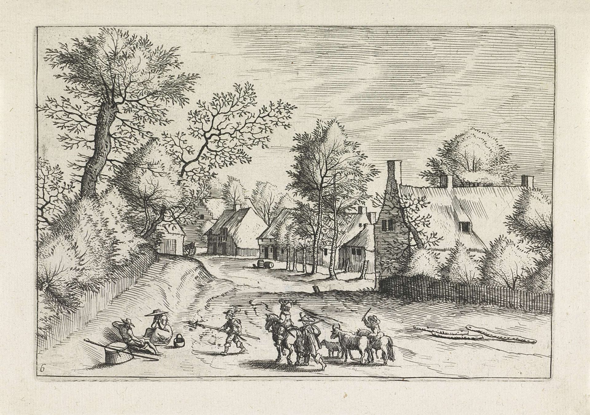 Dorpsweg met een rustend paar by Johannes of Lucas van Doetechum
