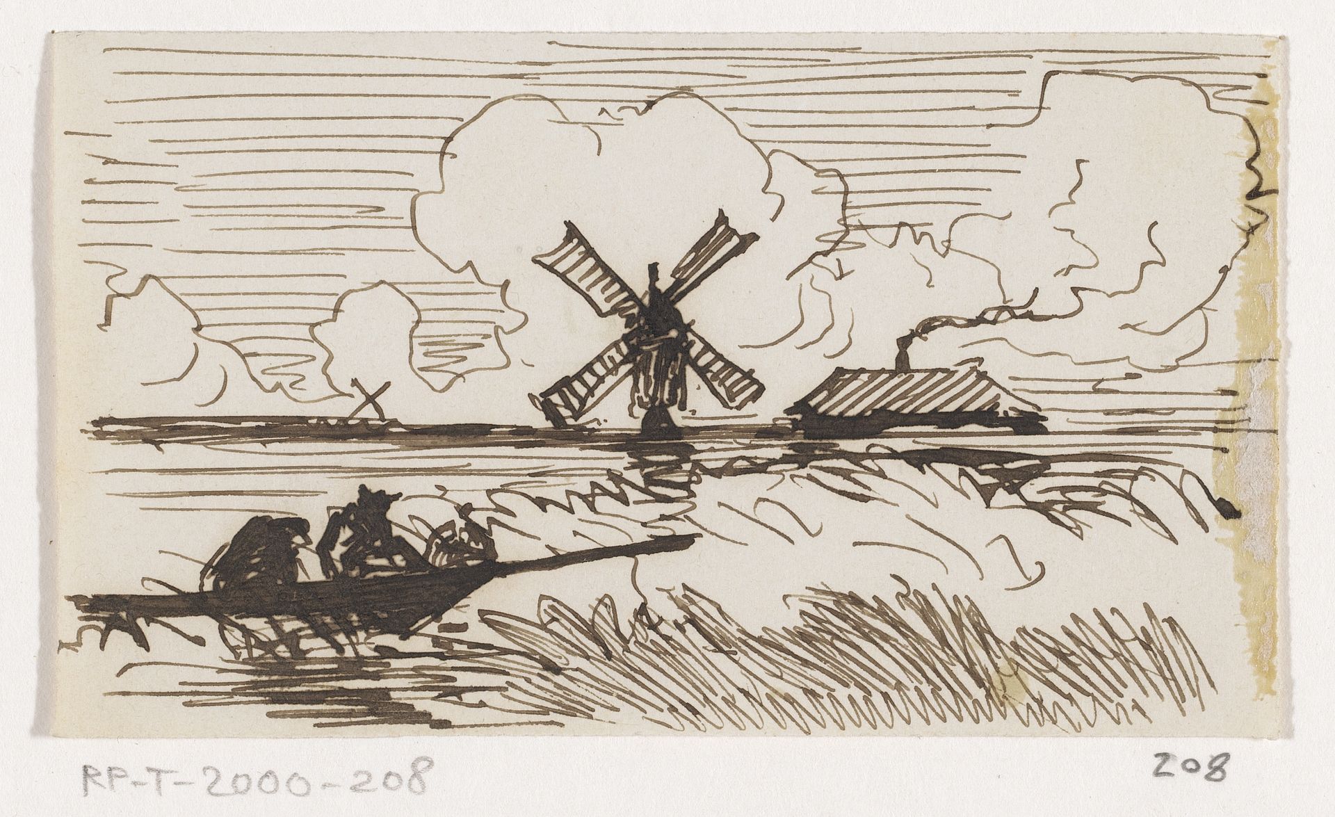 Rivierlandschap met bootje en molen by Johannes Tavenraat