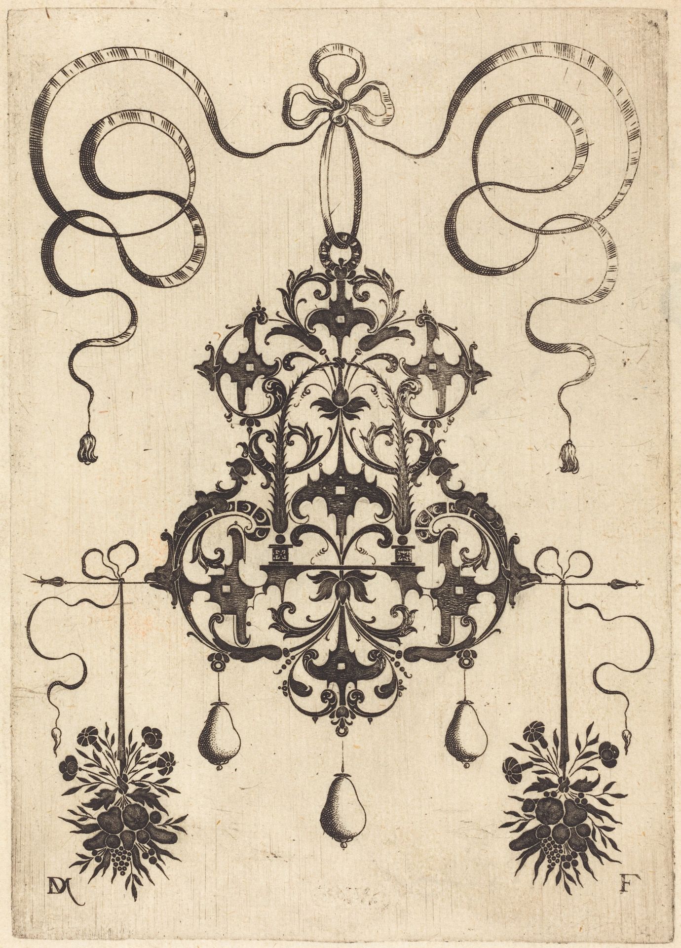 Large Pendant, Lower Left and Right Two Bunches of Grass, Flowers, and Fruit by Daniel Mignot