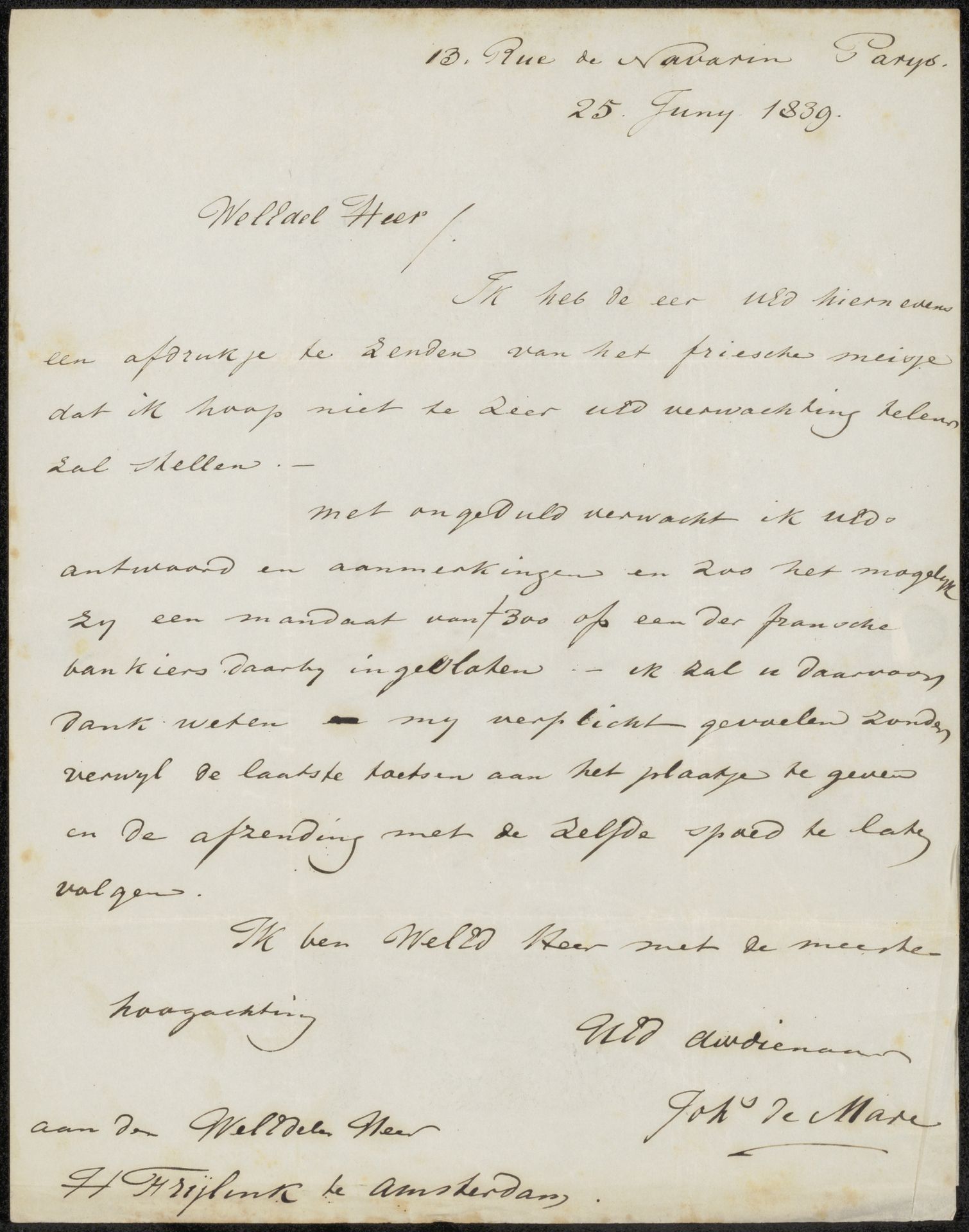 Brief aan Hendrik Frijlink by Johannes de Mare