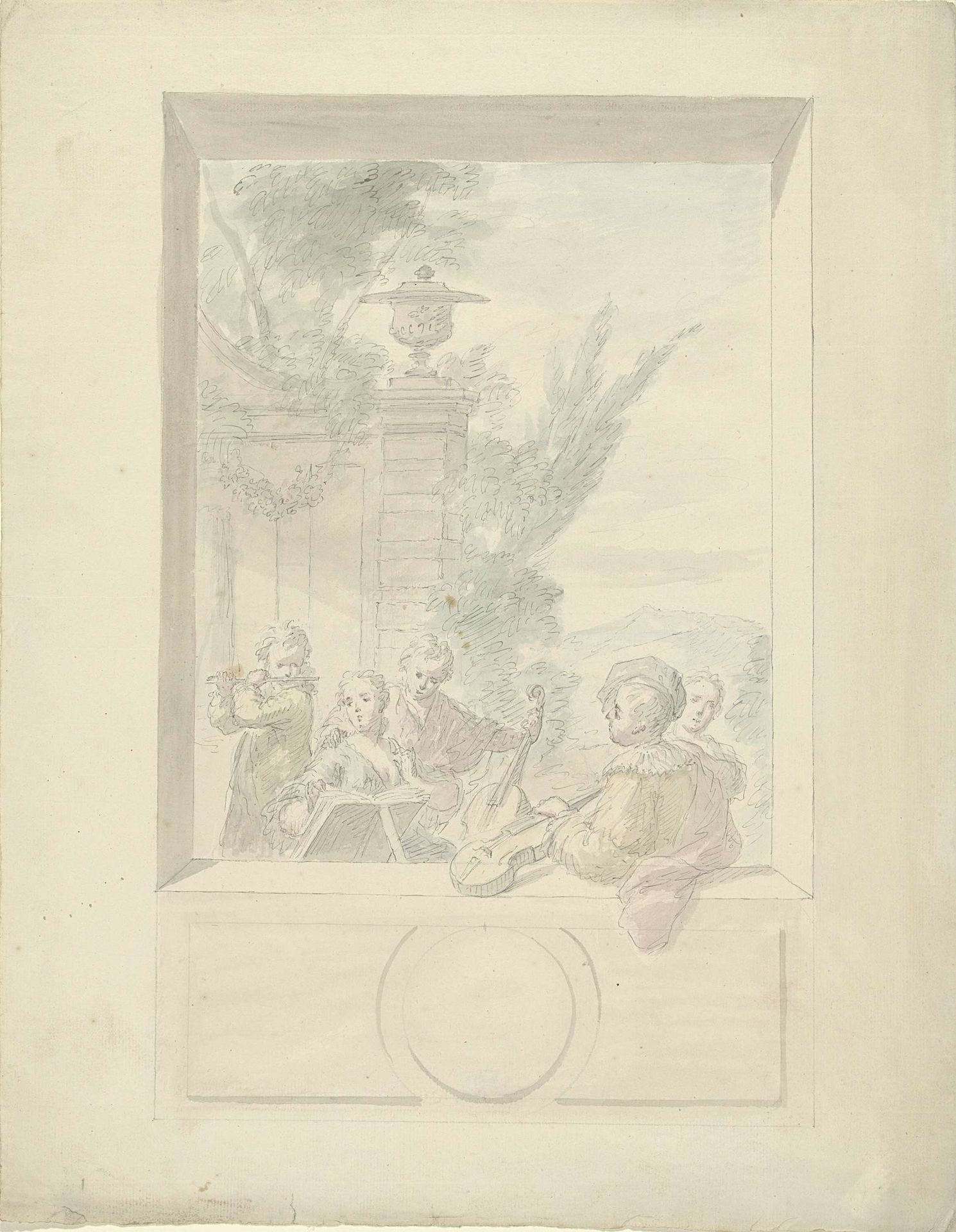 Ontwerp voor een kamerbeschildering met musicerende jongelui by Dionys van Nijmegen