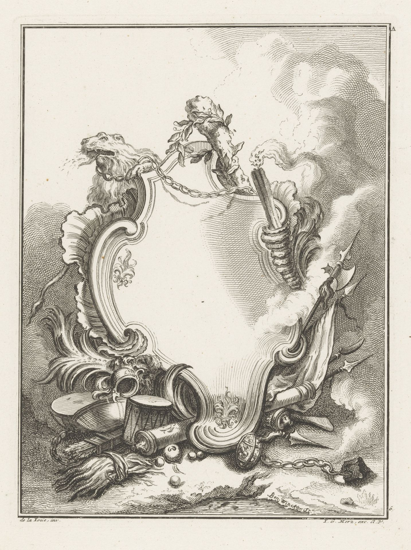 Cartouche met leeuw, knots en fakkel by Benedikt Winkler