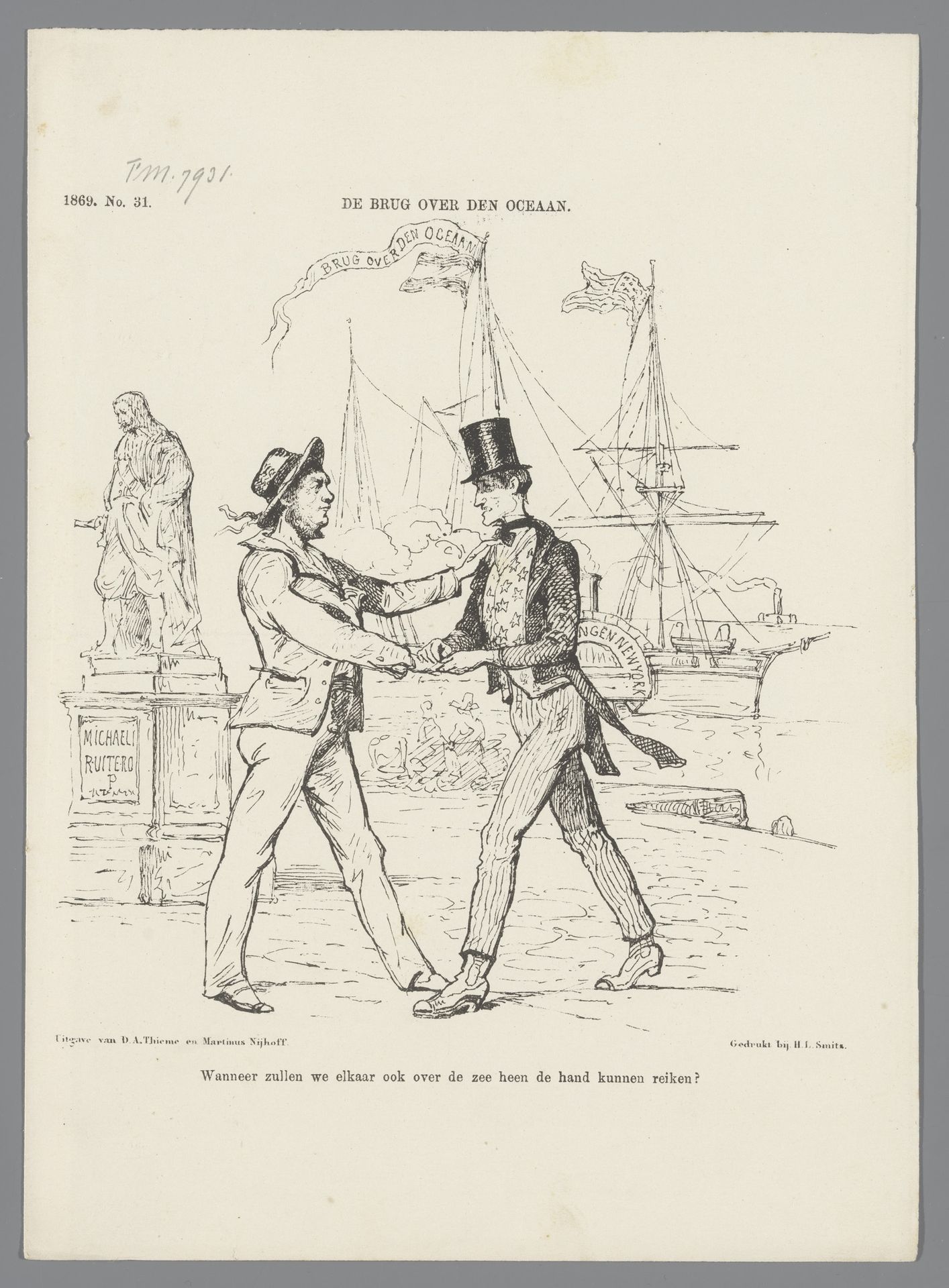 Spotprent over de voorgenomen stoomvaart verbinding tussen Nederland en Amerika, 1869 by Johan Michaël Schmidt Crans