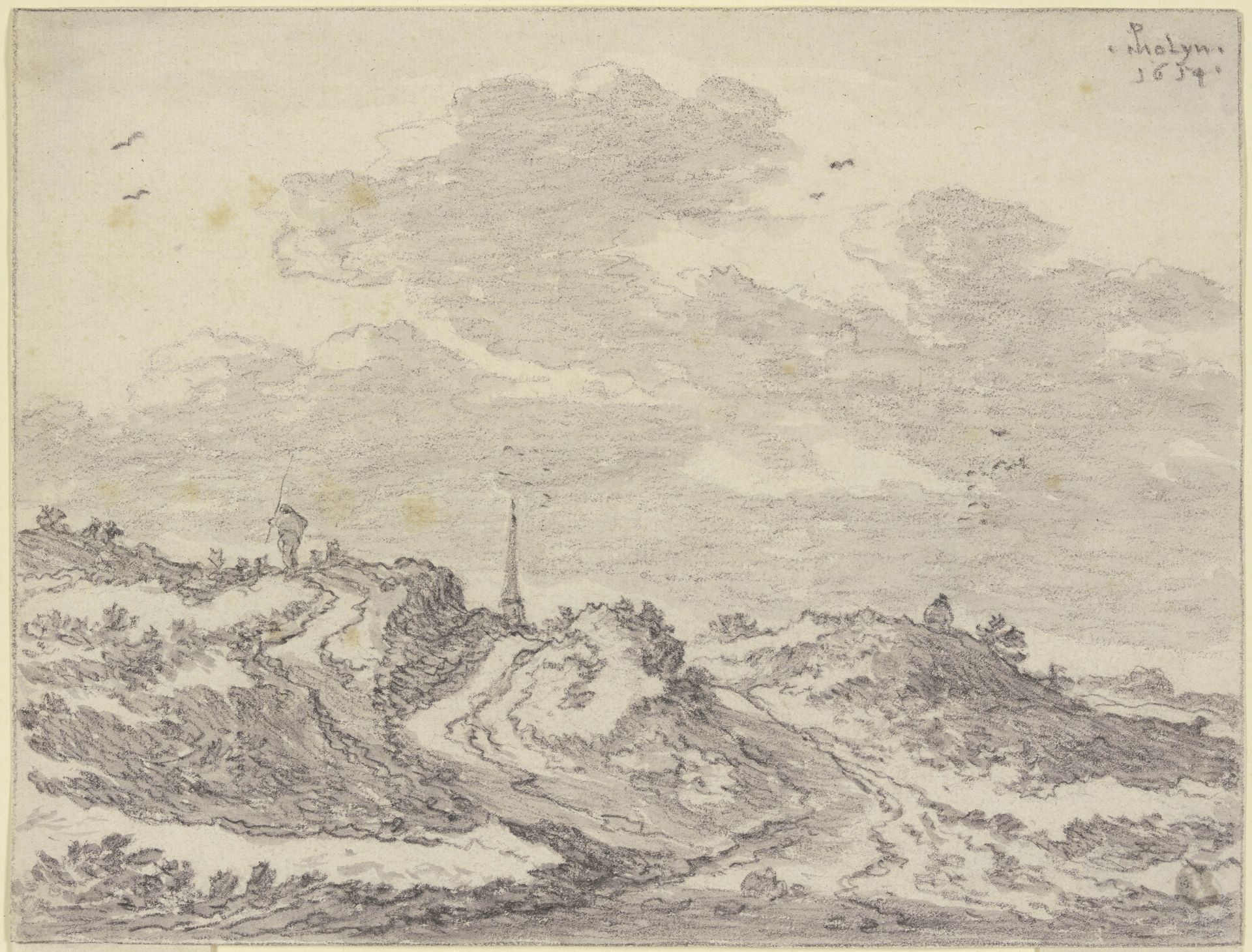 Hügeliges Terrain mit Schafherde und Schäfer, in der Ferne ein Kirchturm by Pieter Molyn the Elder