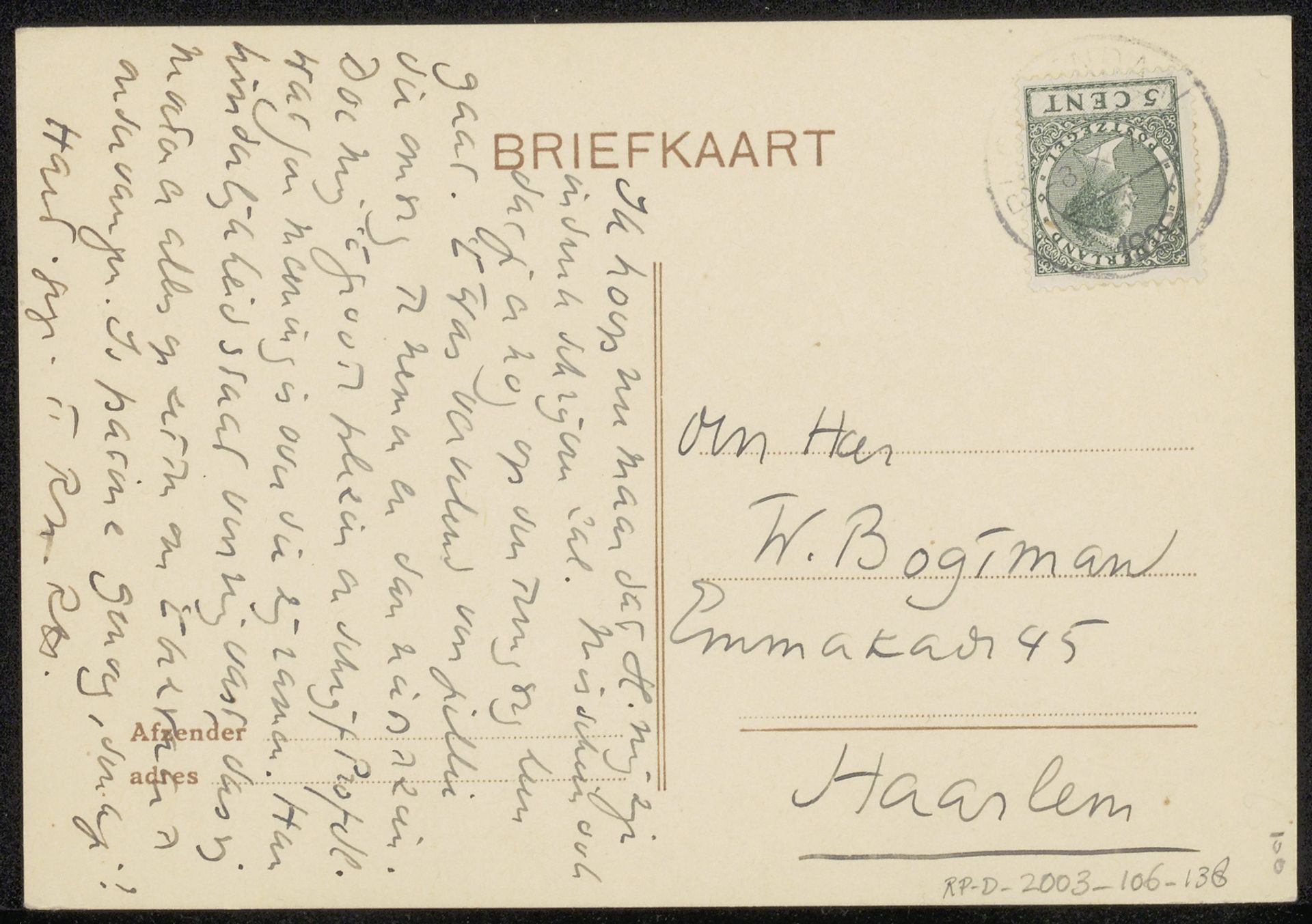 Briefkaart aan Willem Bogtman by Richard Nicolaüs Roland Holst