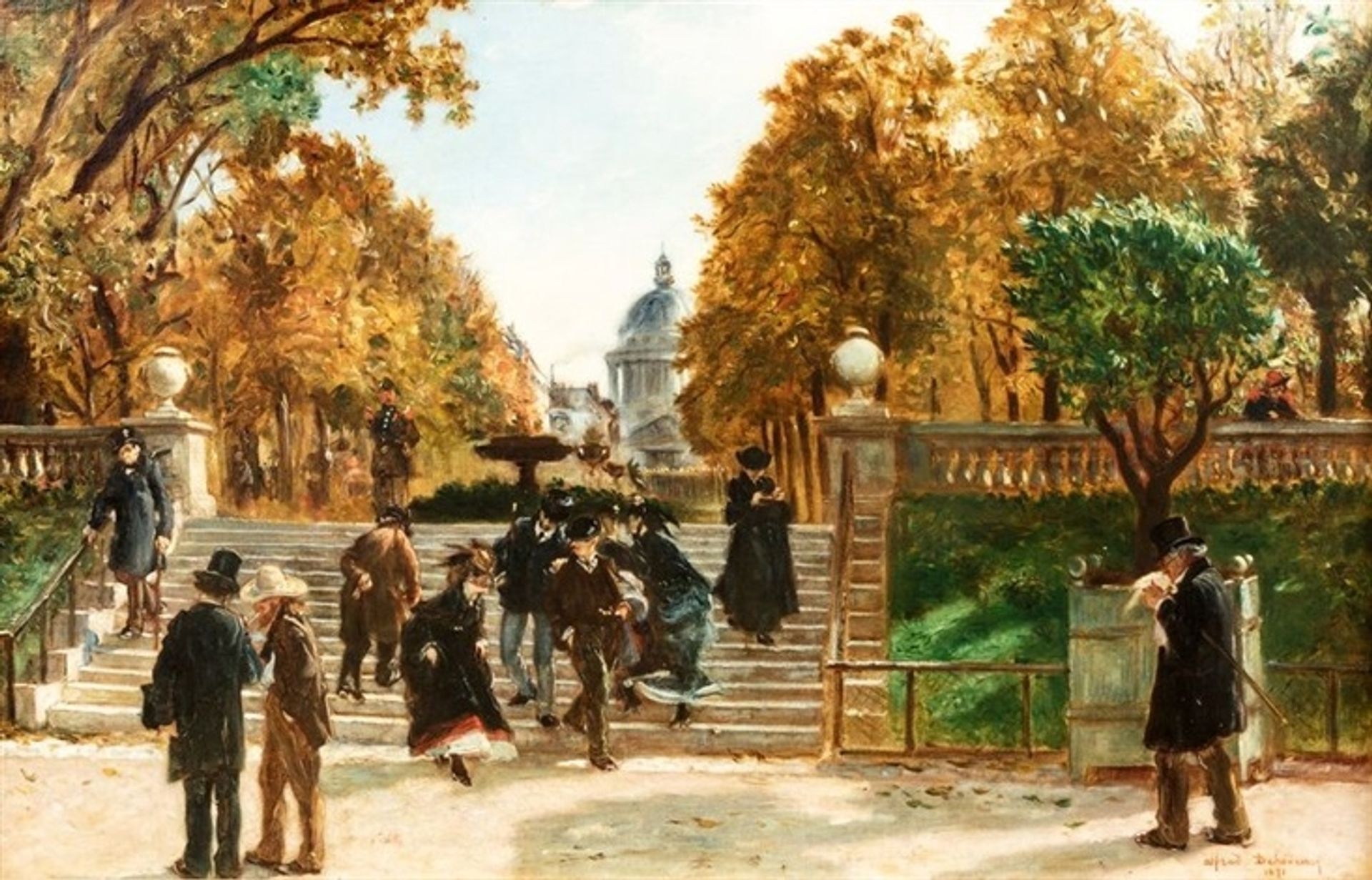 People in the Luxembourg garden, with the Pantheon in Paris by Alfred Dehodencq