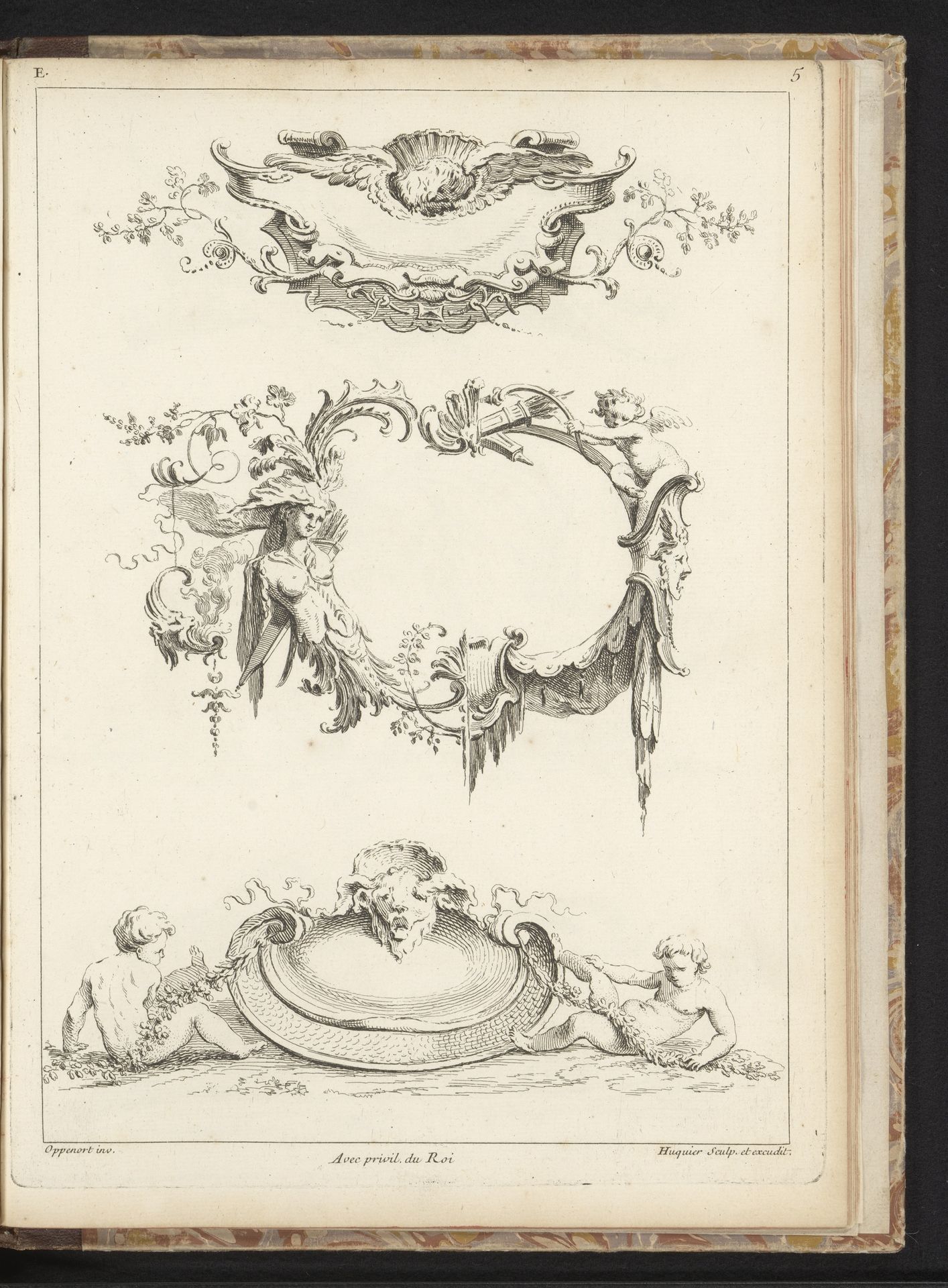 Drie ontwerpen voor ornamentele cartouches by Gabriel Huquier
