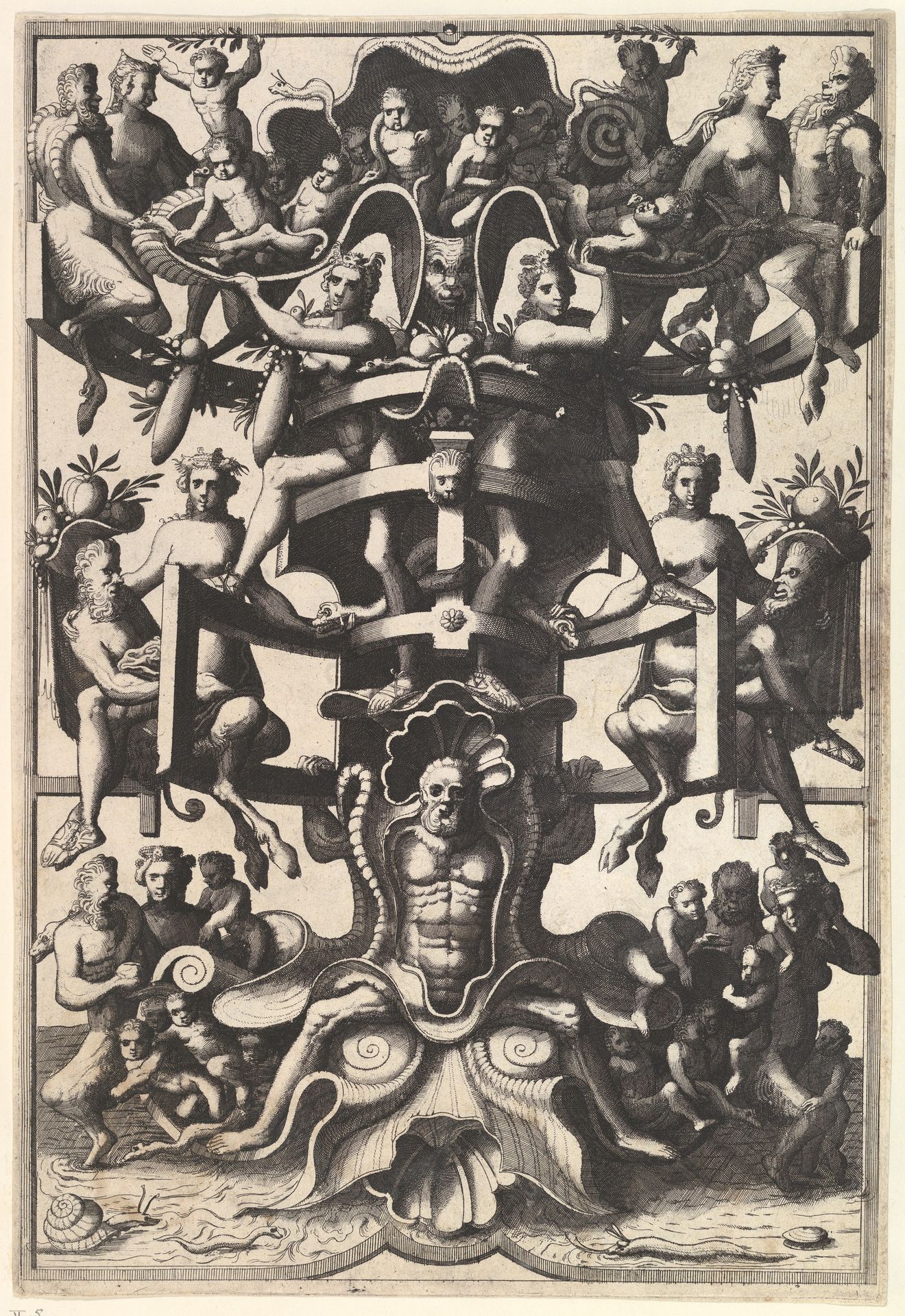 Man Sitting on an Auricular Mask, Supporting a Strapwork Frame on His Shoulders from Veelderleij niewe inventien van antijckesche sepultueren diemen nou zeere ghebruijkende is met noch zeer fraeije grotissen en compertimenten zeer beqwame voer beeltsniders antijcksniders schilders en all constenaers...Libro Secundo by Johannes van Doetecum I