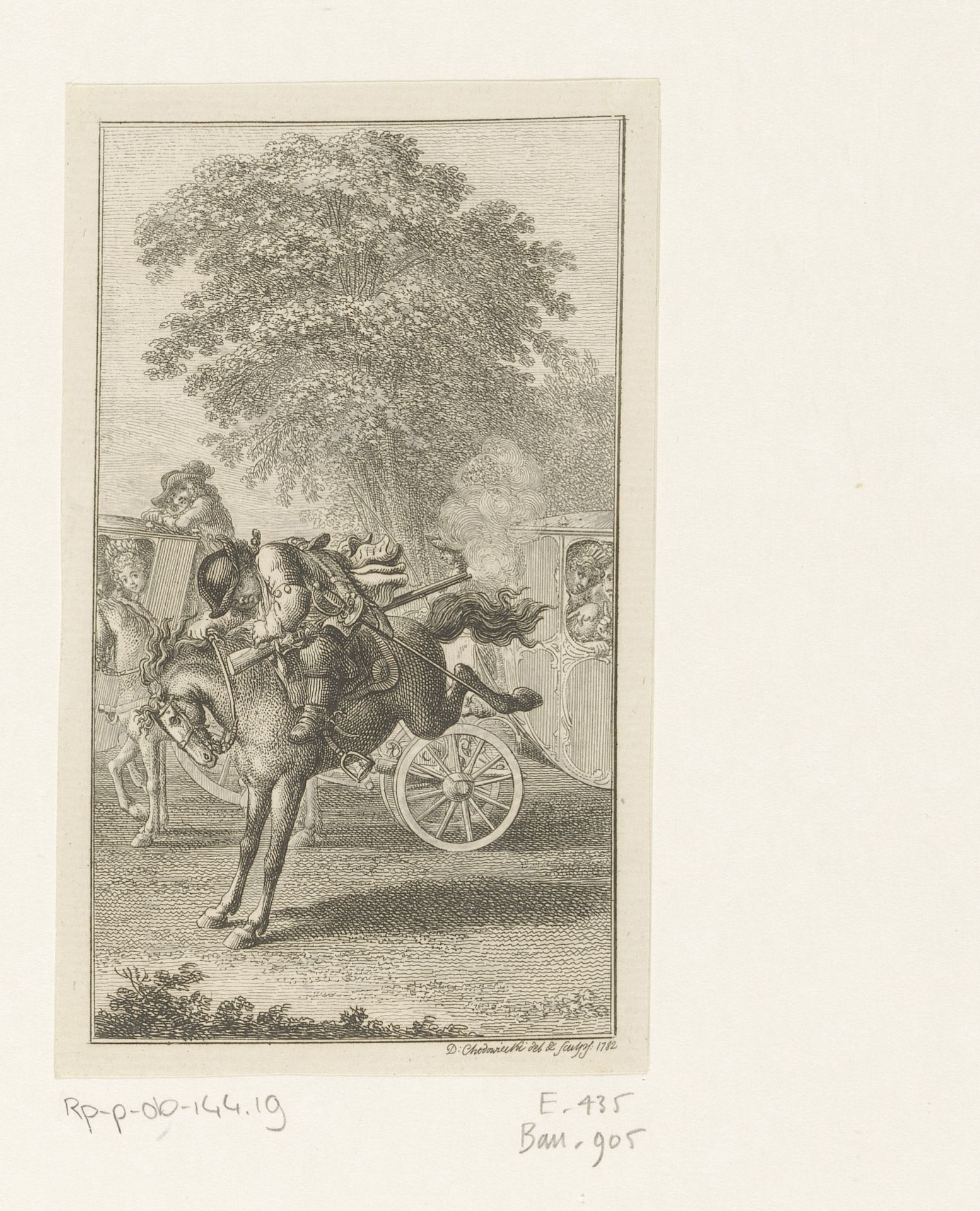 Ragotin houdt zich vast aan het bokkende paard by Daniel Nikolaus Chodowiecki