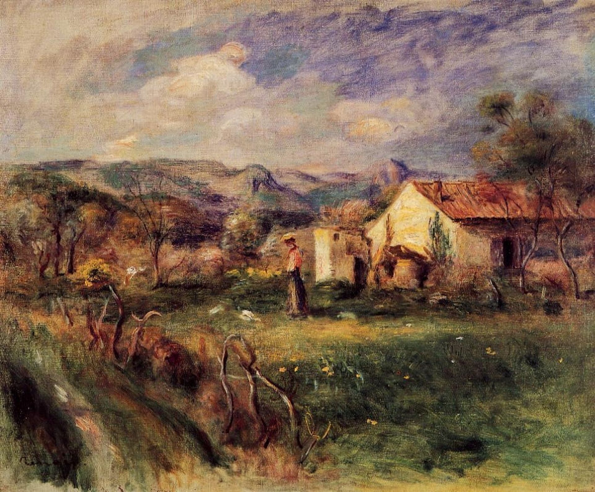 Young Woman Standing near a Farmhouse in Milly by Pierre-Auguste Renoir