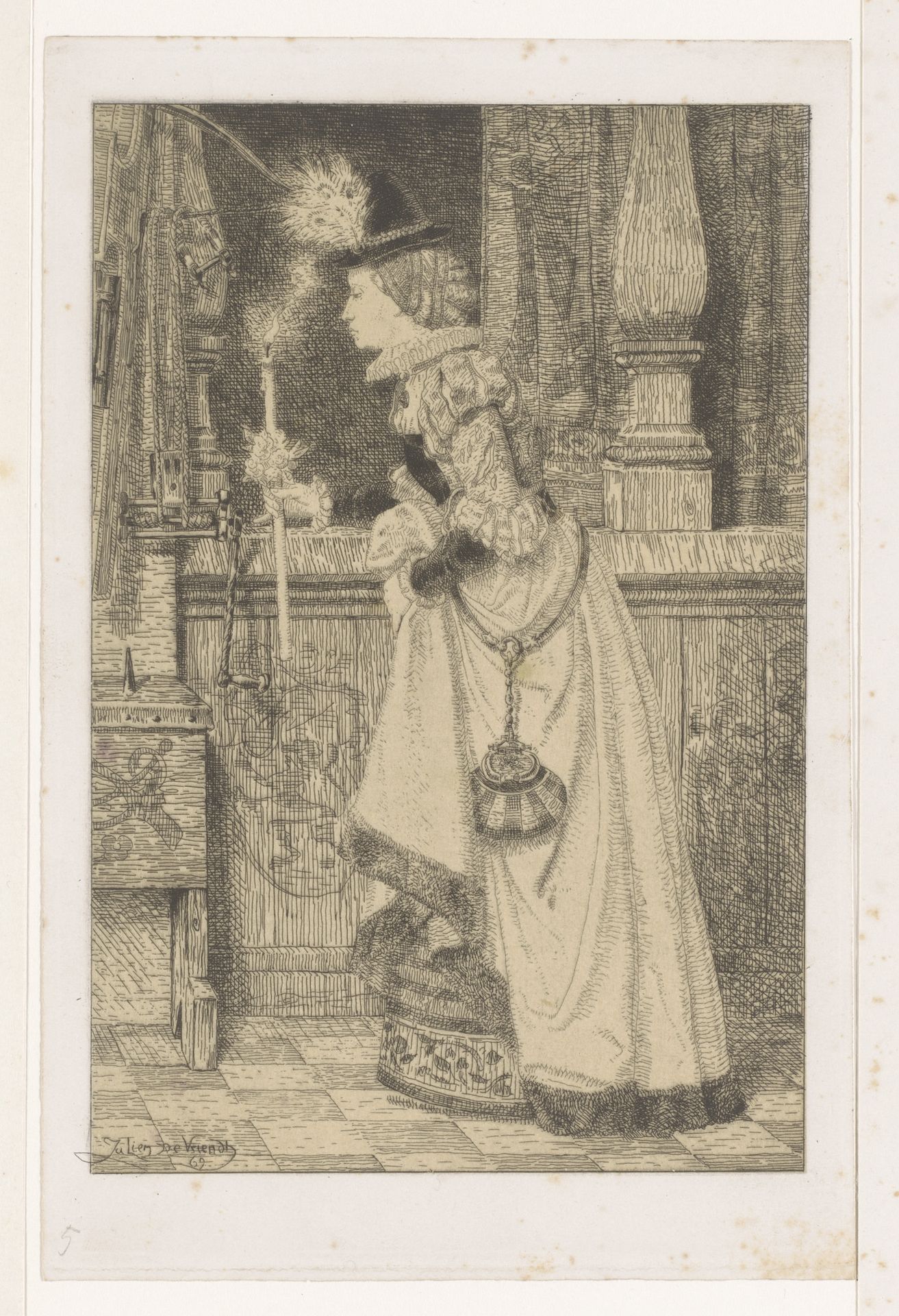 Vrouw met kaars in haar hand in een kerkinterieur by Juliaan de Vriendt