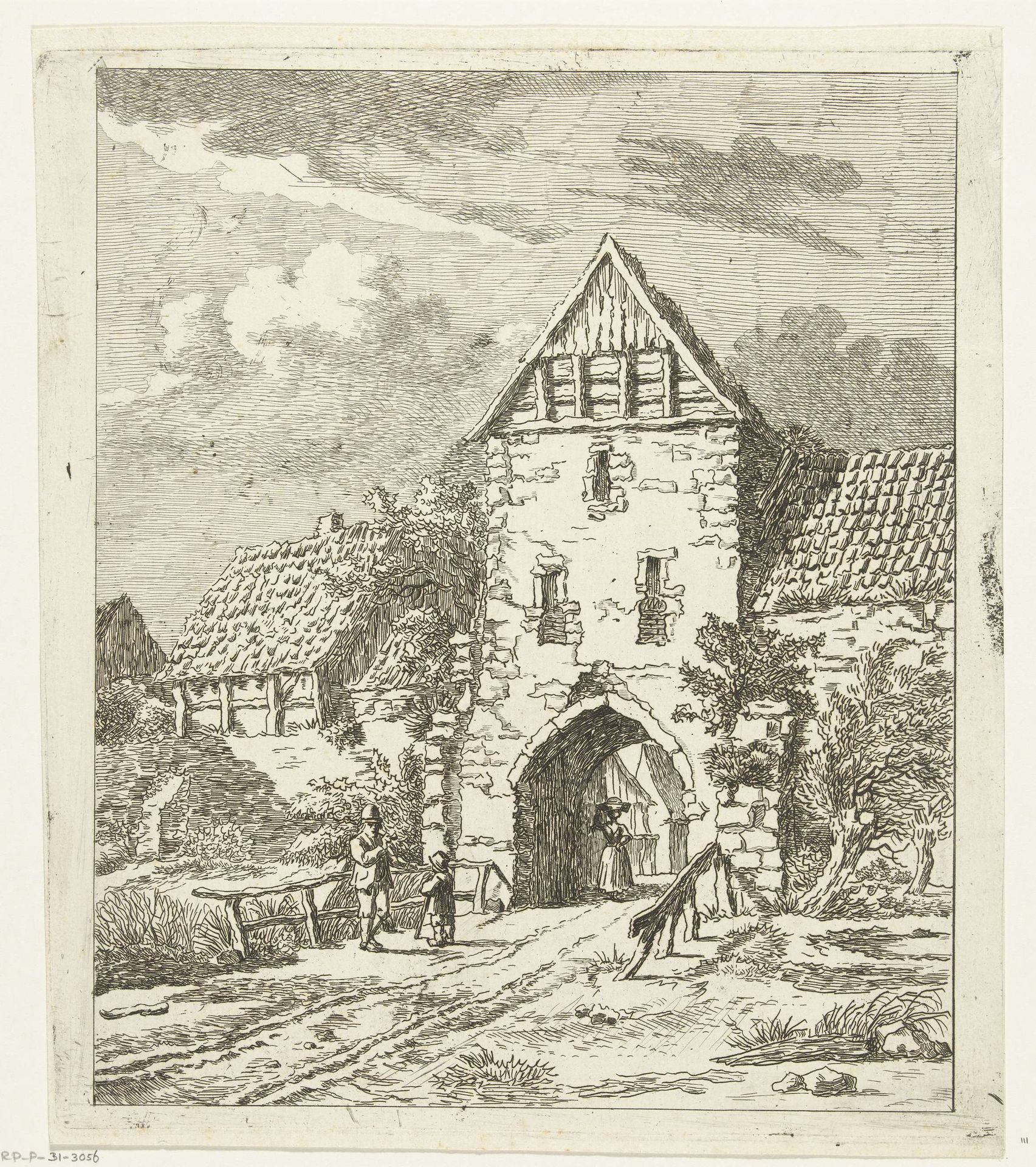 Enkele figuren bij een oude stadspoort by Anthonie van den Bos