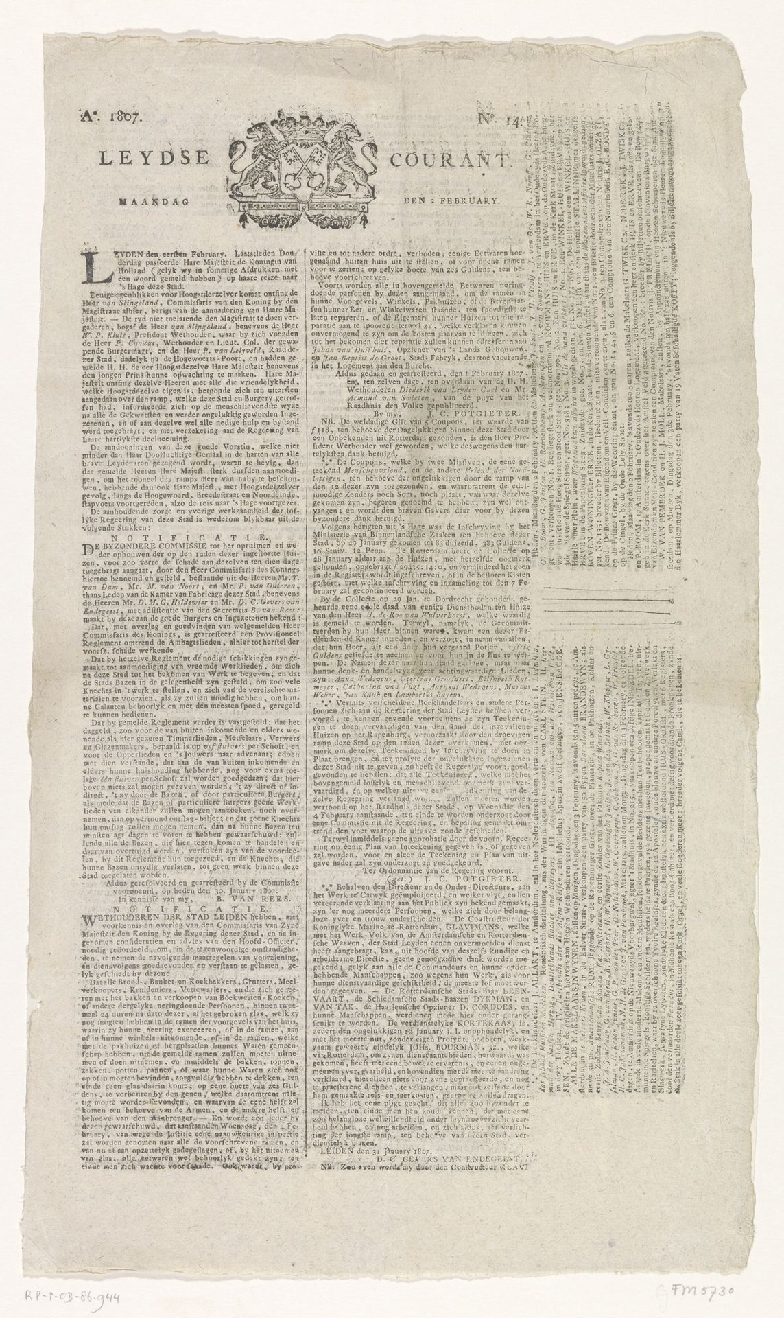 Leydse Courant van 2 februari 1807 by weduwe Anthony de Klopper en Zoon