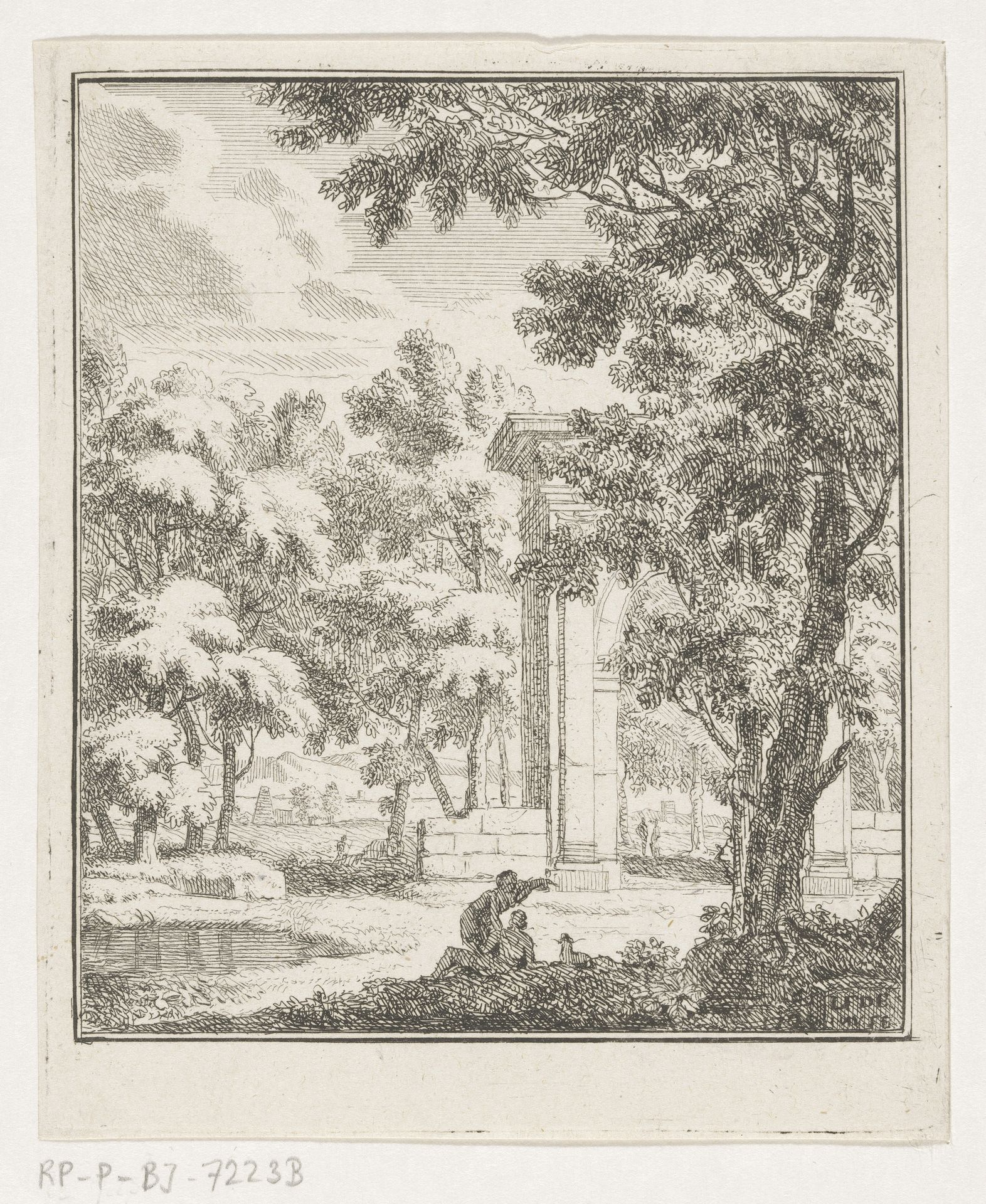 Arcadisch landschap met herders bij een stenen boog by Louis Fabritius Dubourg