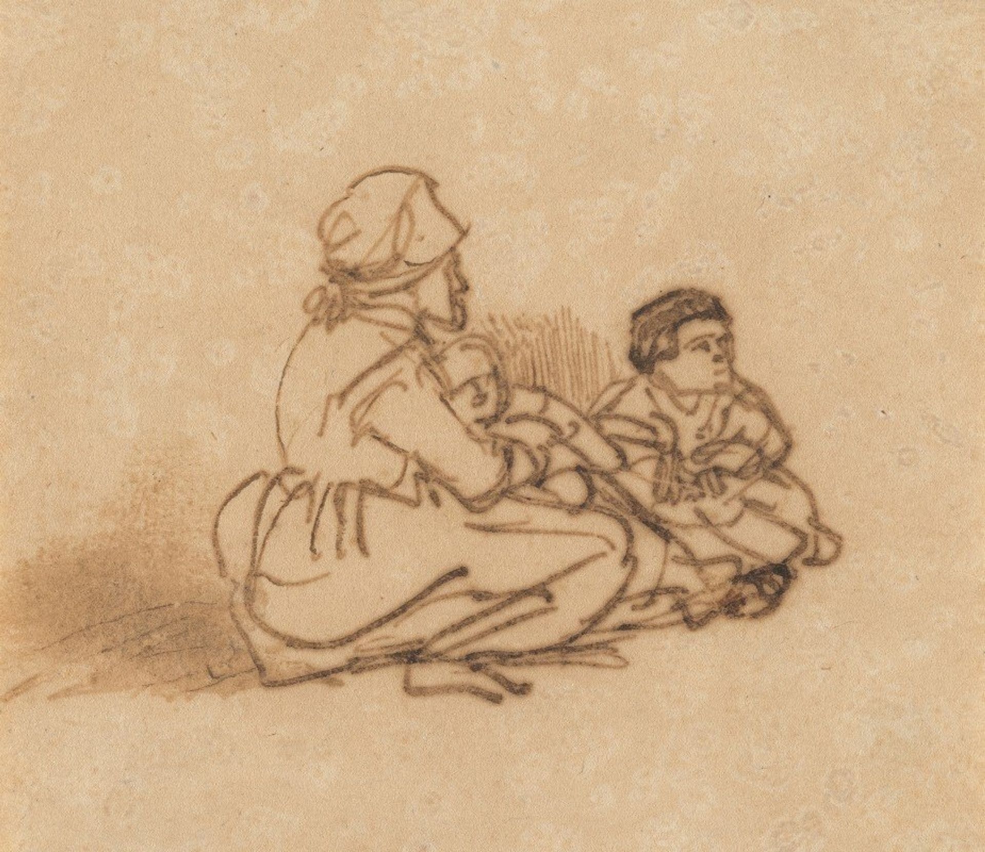 Woman Seated on the Ground with Two Children by Rembrandt van Rijn