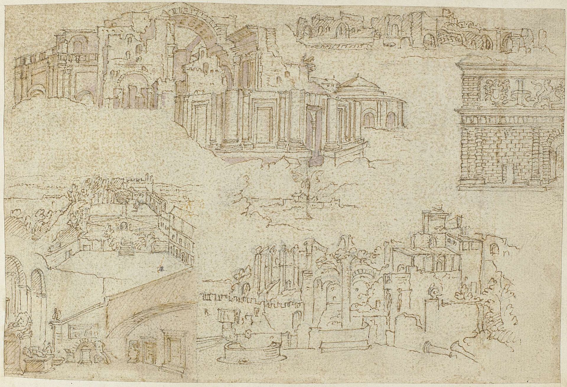 Ruïnes en gebouwen in Rome en Antwerpen by Anonymous