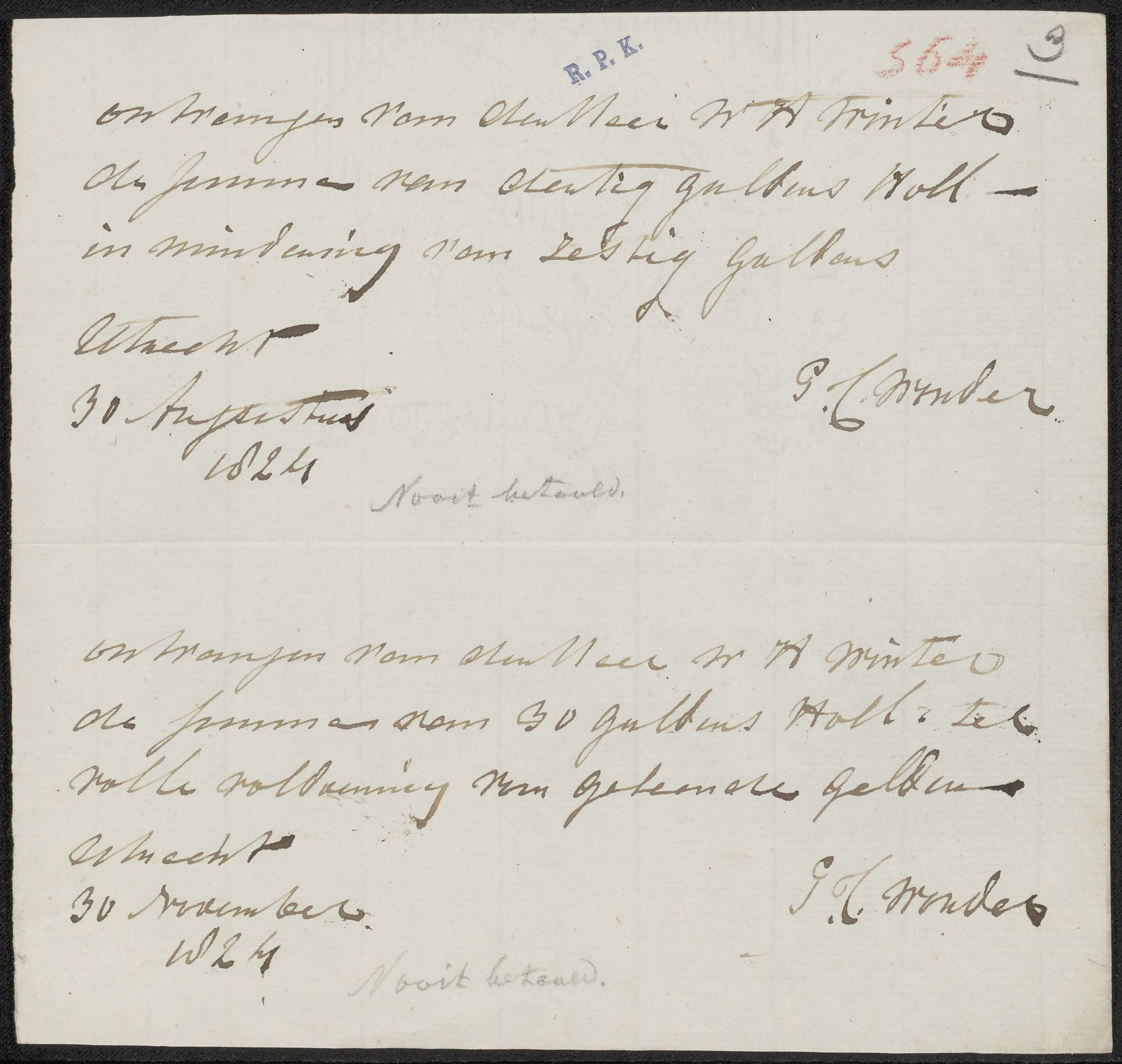 Kwitantie voor W.A. Winters by Pieter Christoffel Wonder