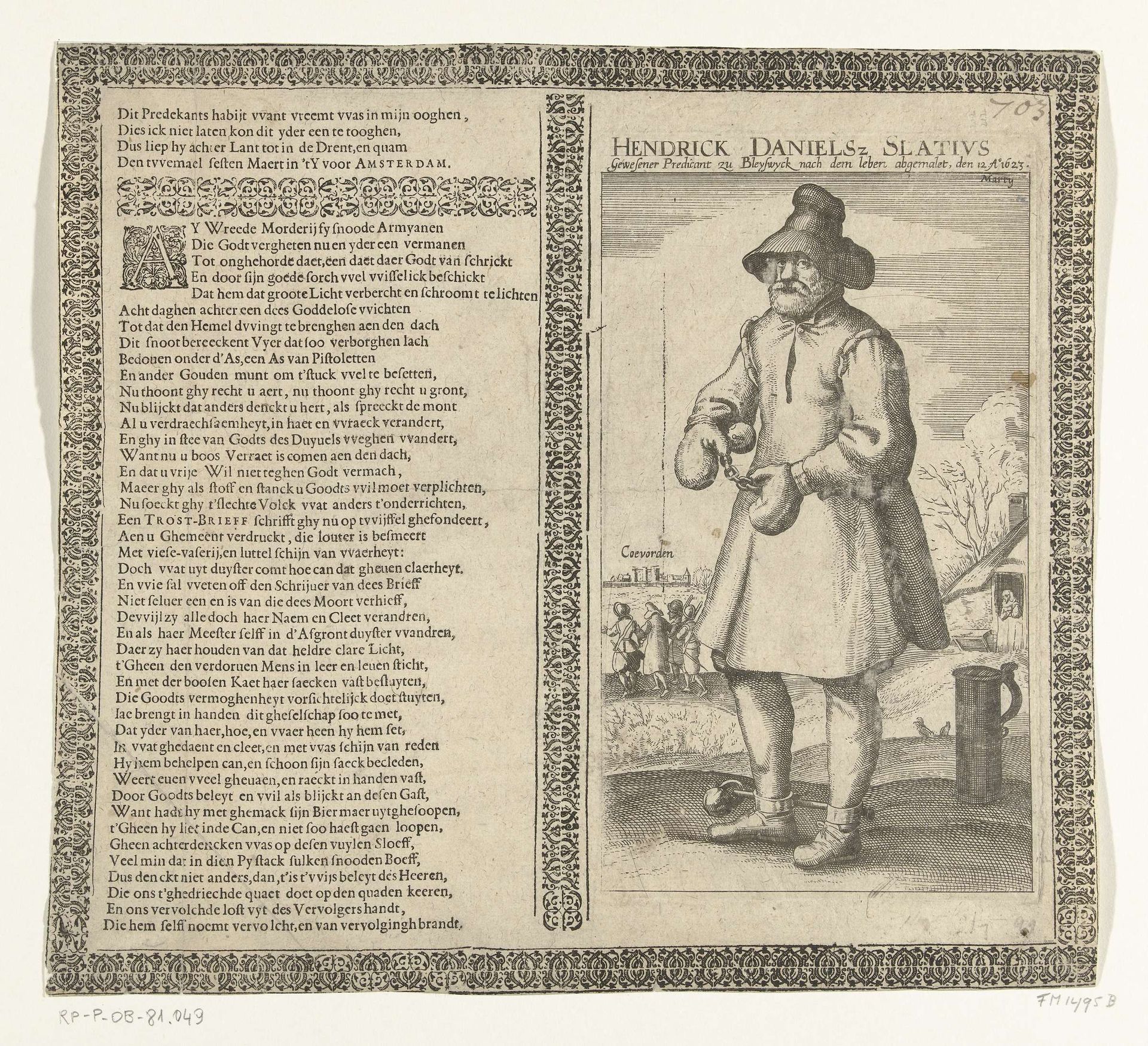 Henricus Slatius, met hand- en voetboeien, 1623 by Anonymous