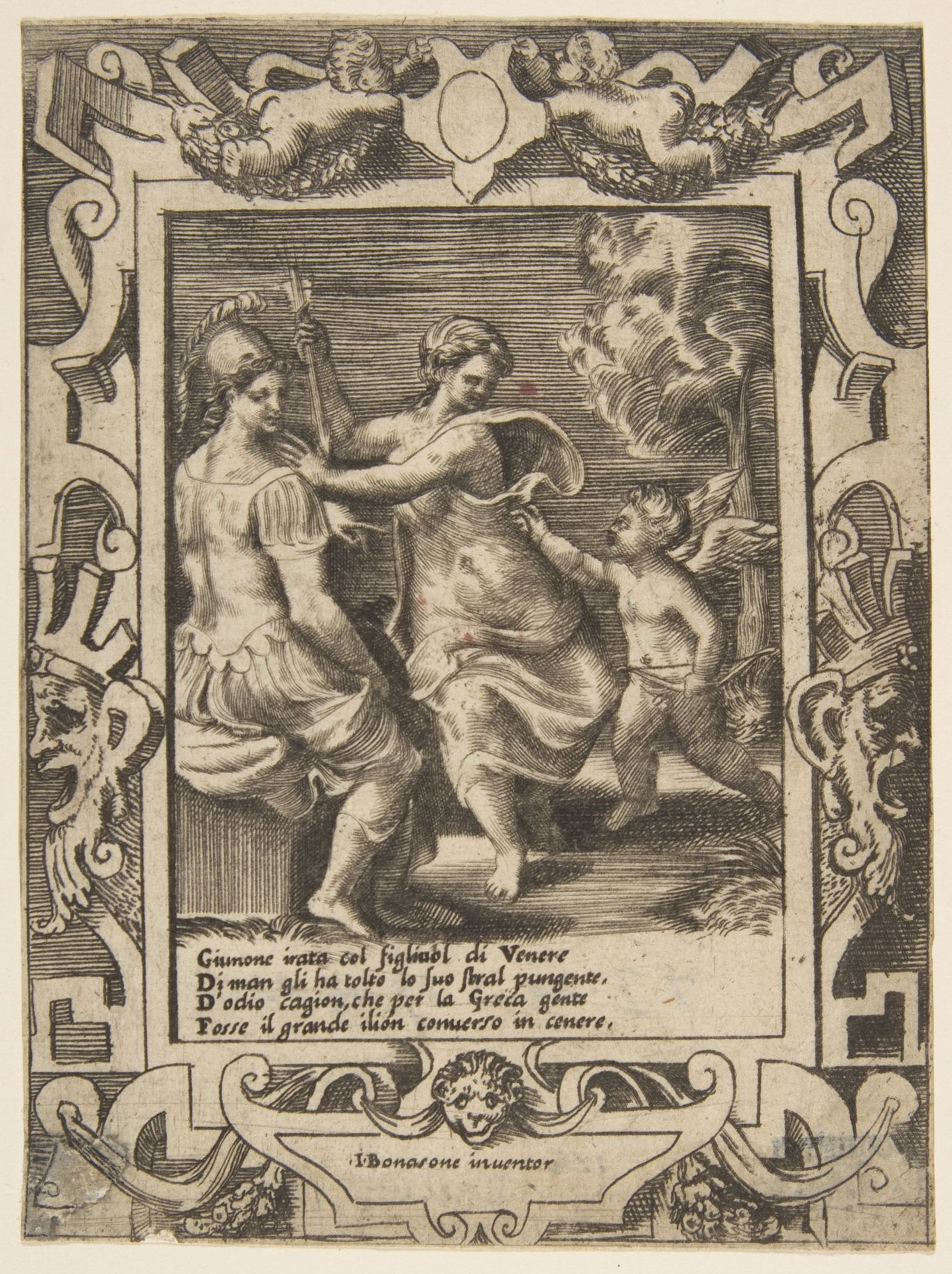 Athena seated near Juno who has taken away Cupid's arrows, set within an elaborate frame, from "Loves, Rages and Jealousies of Juno" by Giulio Bonasone