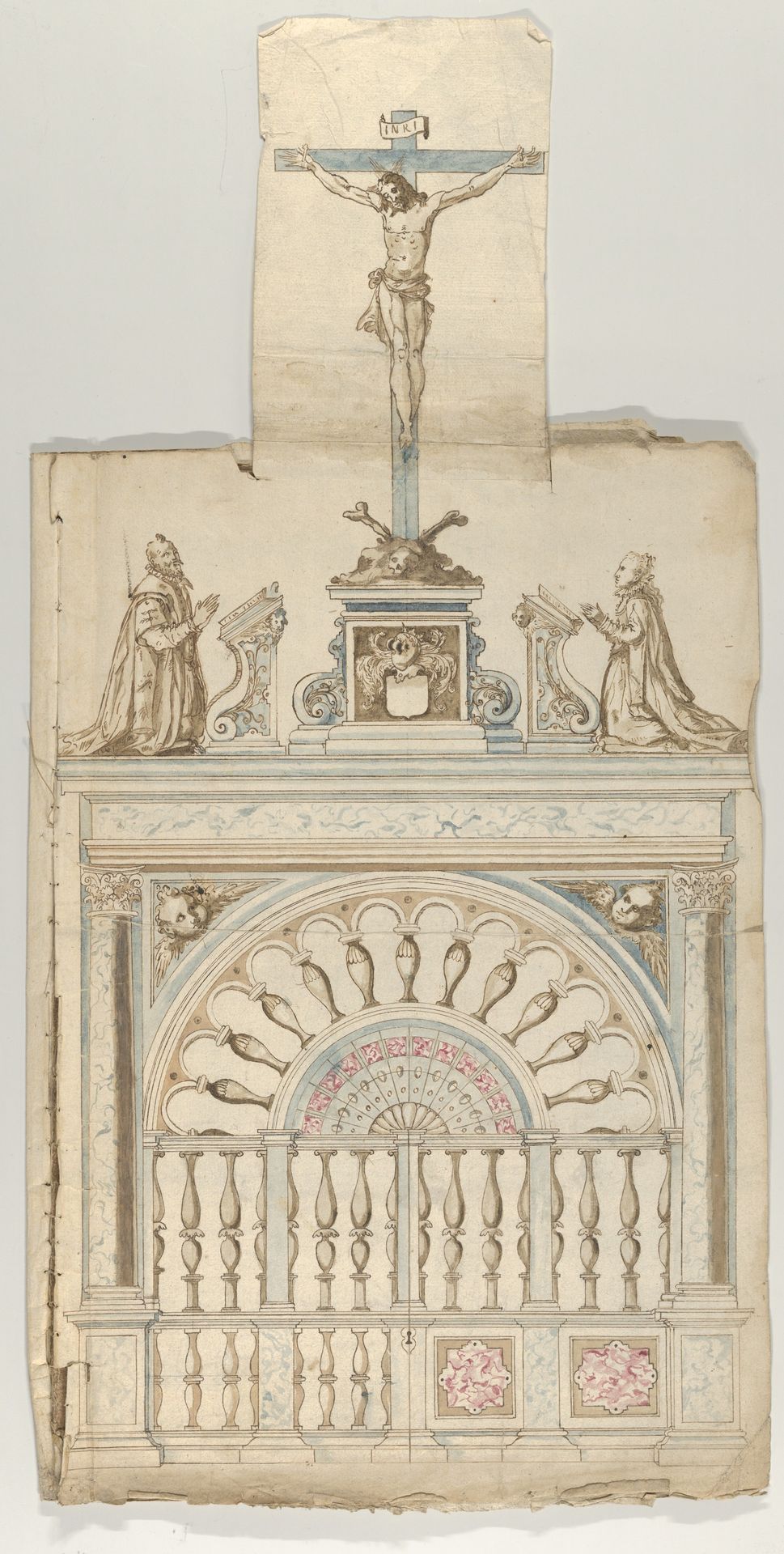 Design for a Choir Screen with Donor Statues flanking a Crucifix by Anonymous