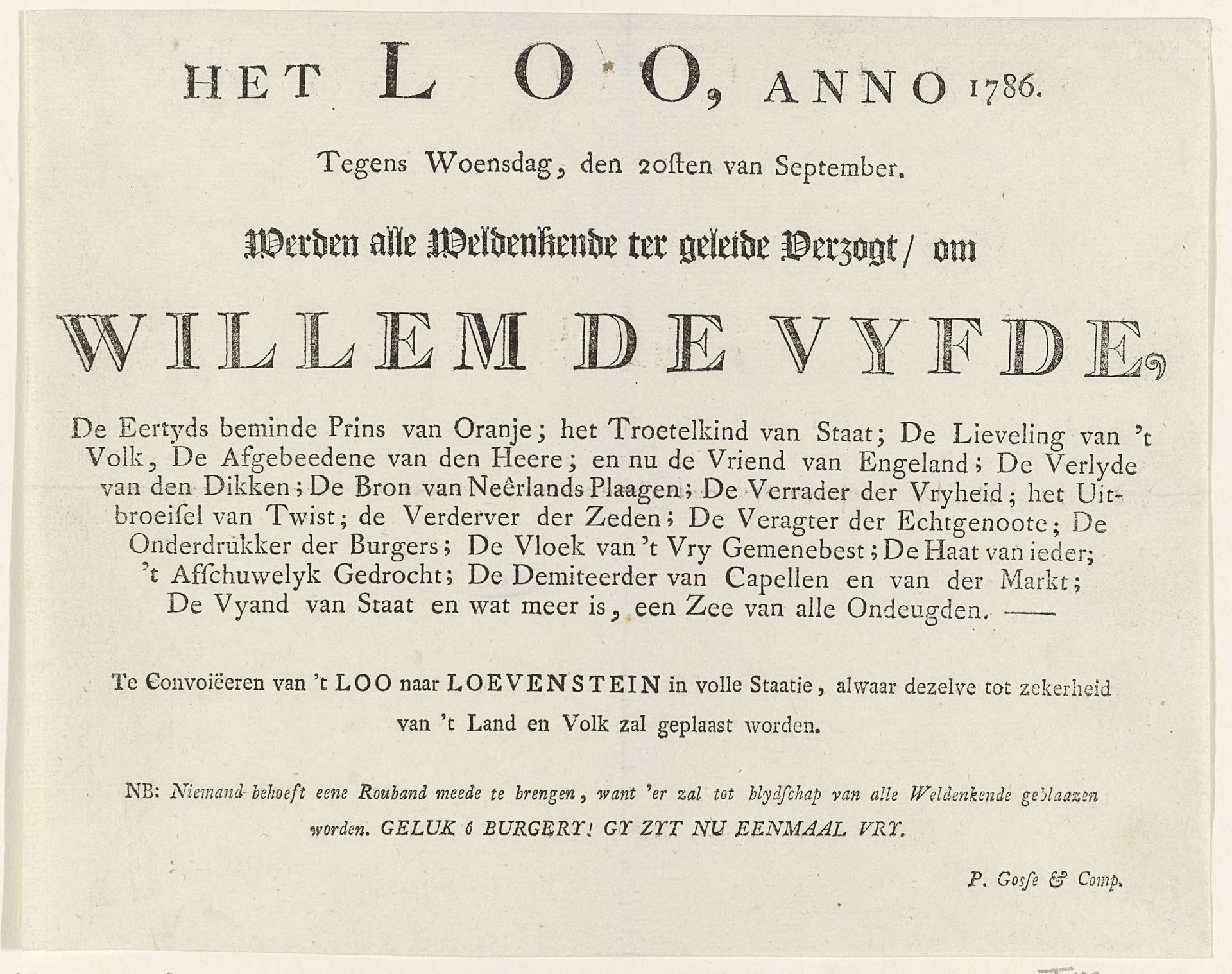 Uitnodiging om prins Willem V naar Slot Loevestein te brengen, 1786 by Pierre Gosse jr.