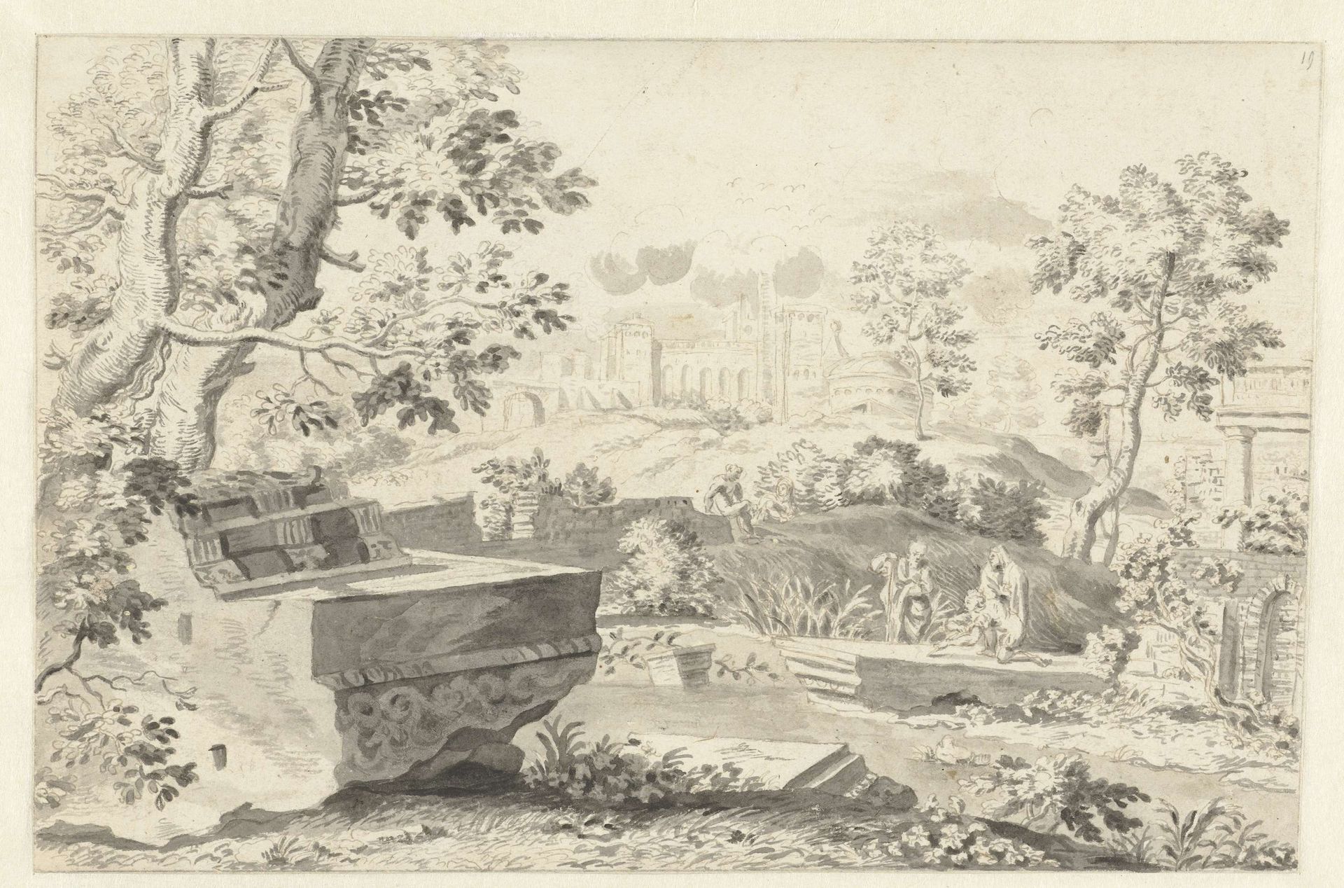 Landschap met antieke ruïnes by Gerrit Grasdorp