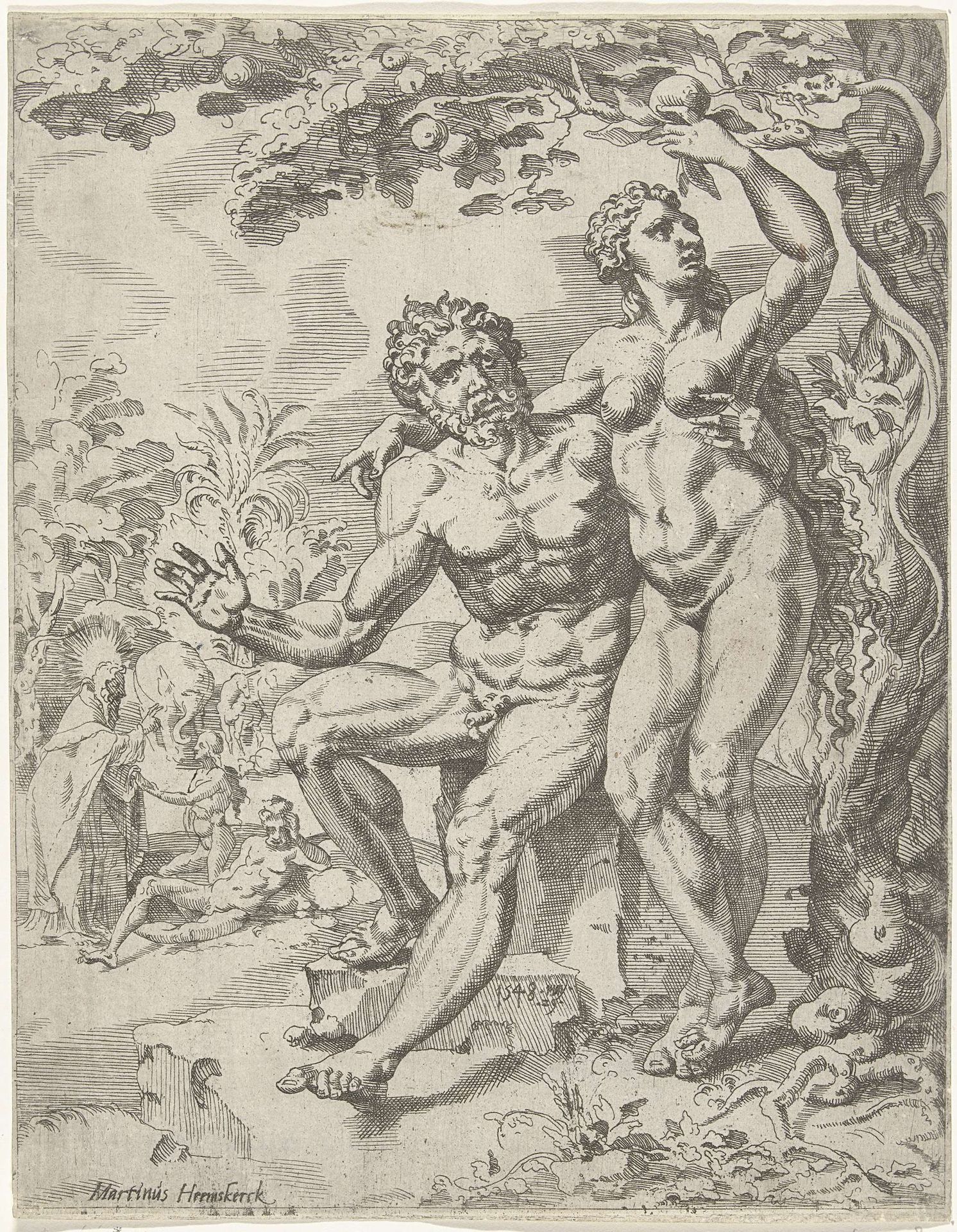 Adam en Eva plukken de verboden vrucht by Dirck Volckertsz Coornhert