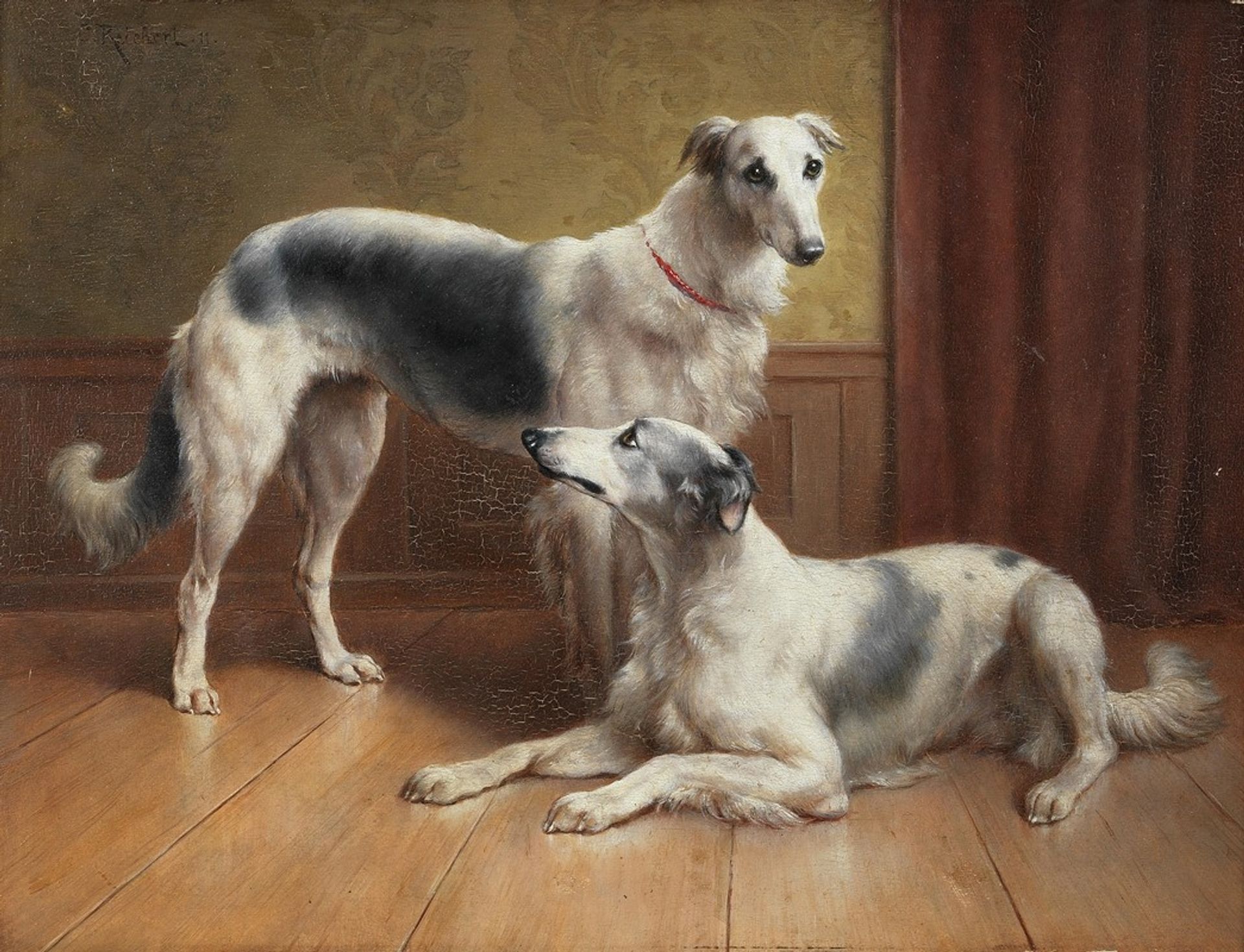A Pair of Borzois in an interior by Carl Reichert