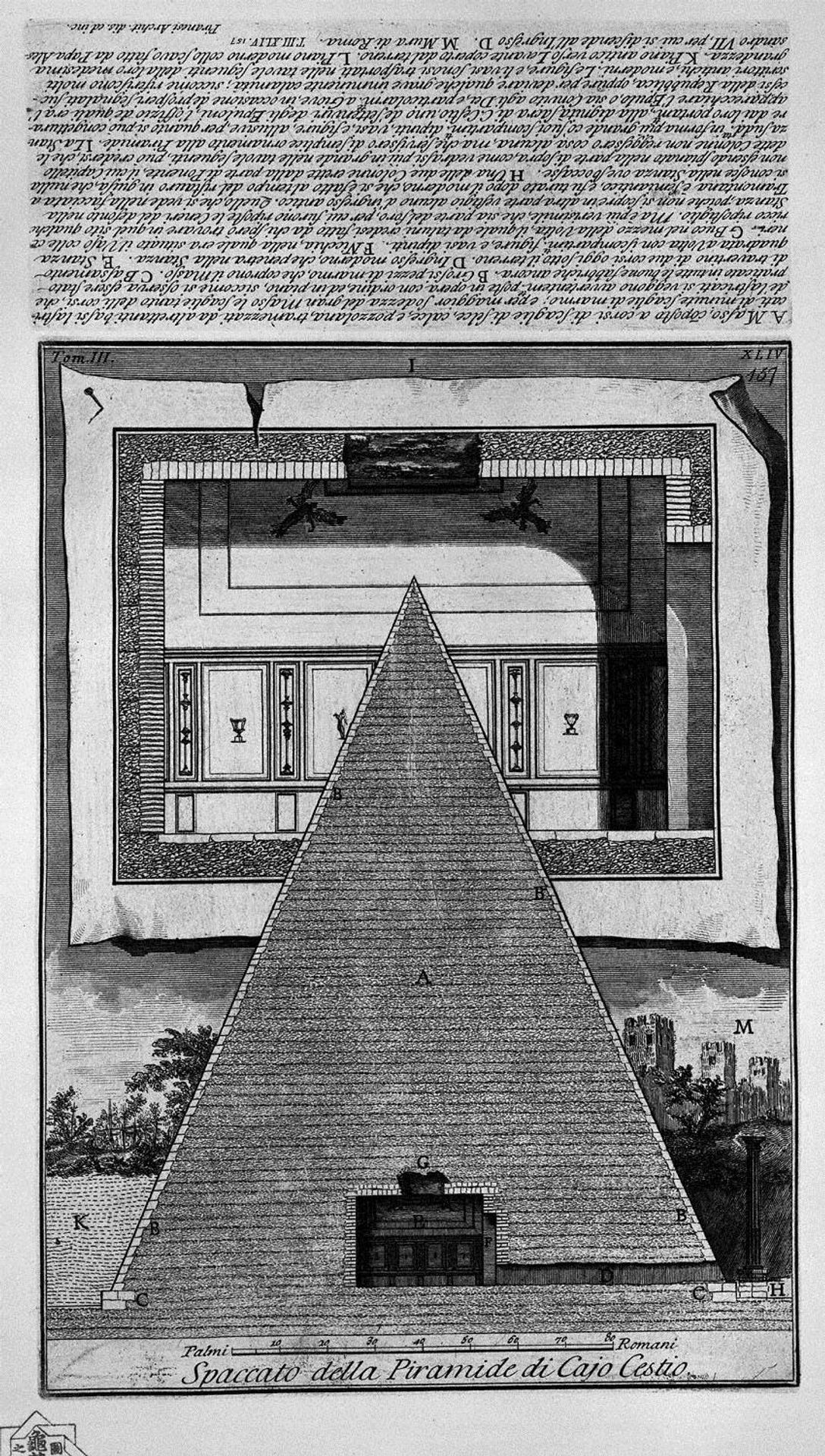 The Roman antiquities, t. 3, Plate XLV. Cross-section of the Pyramid of Caius Cestius. by Giovanni Battista Piranesi