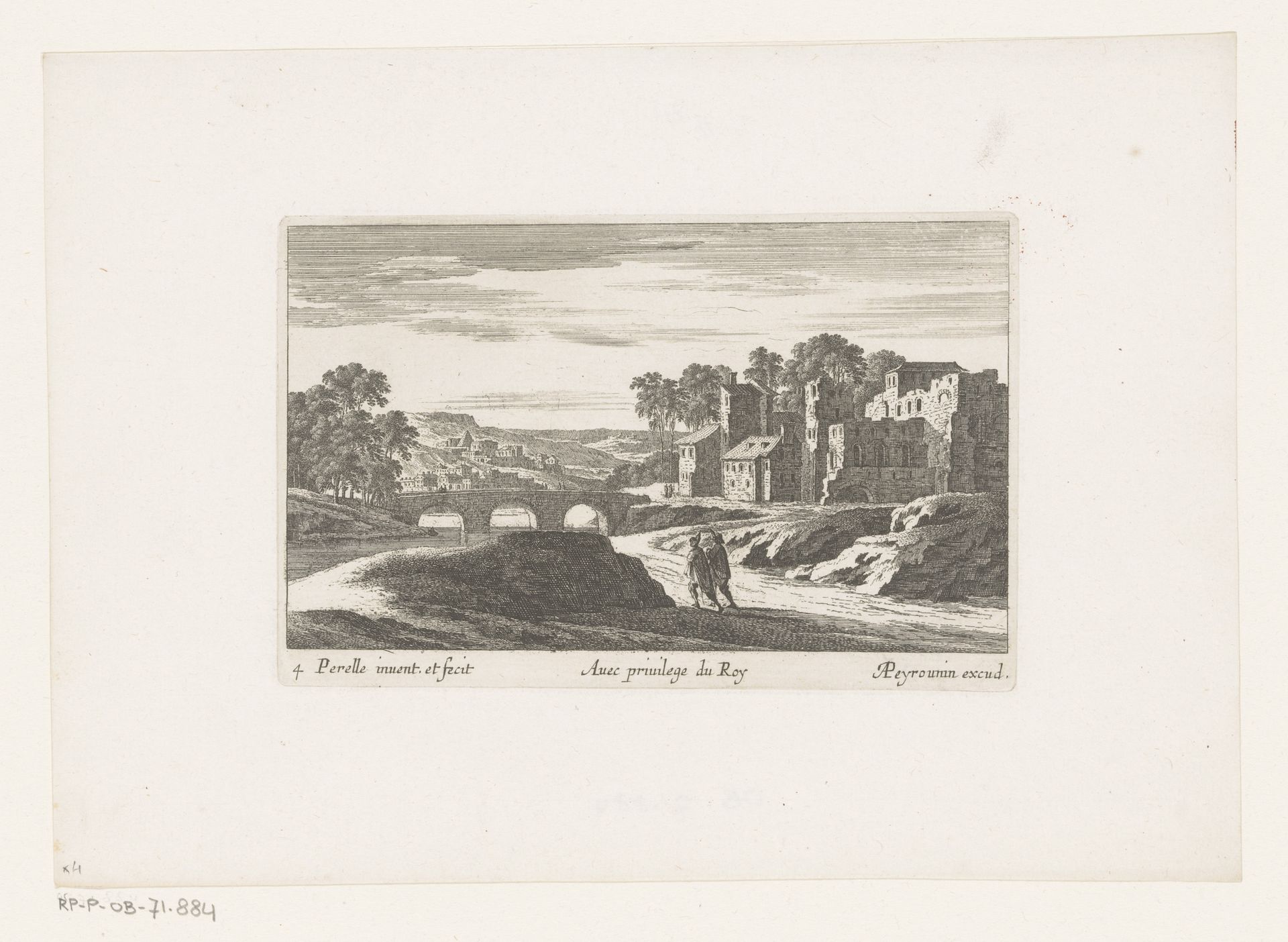 Landschap met ruïne bij brug by Nicolas Perelle