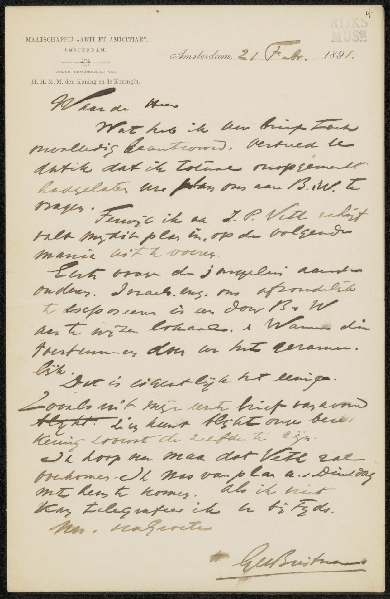 Brief aan Pieter Haverkorn van Rijsewijk by Arti et Amicitiae