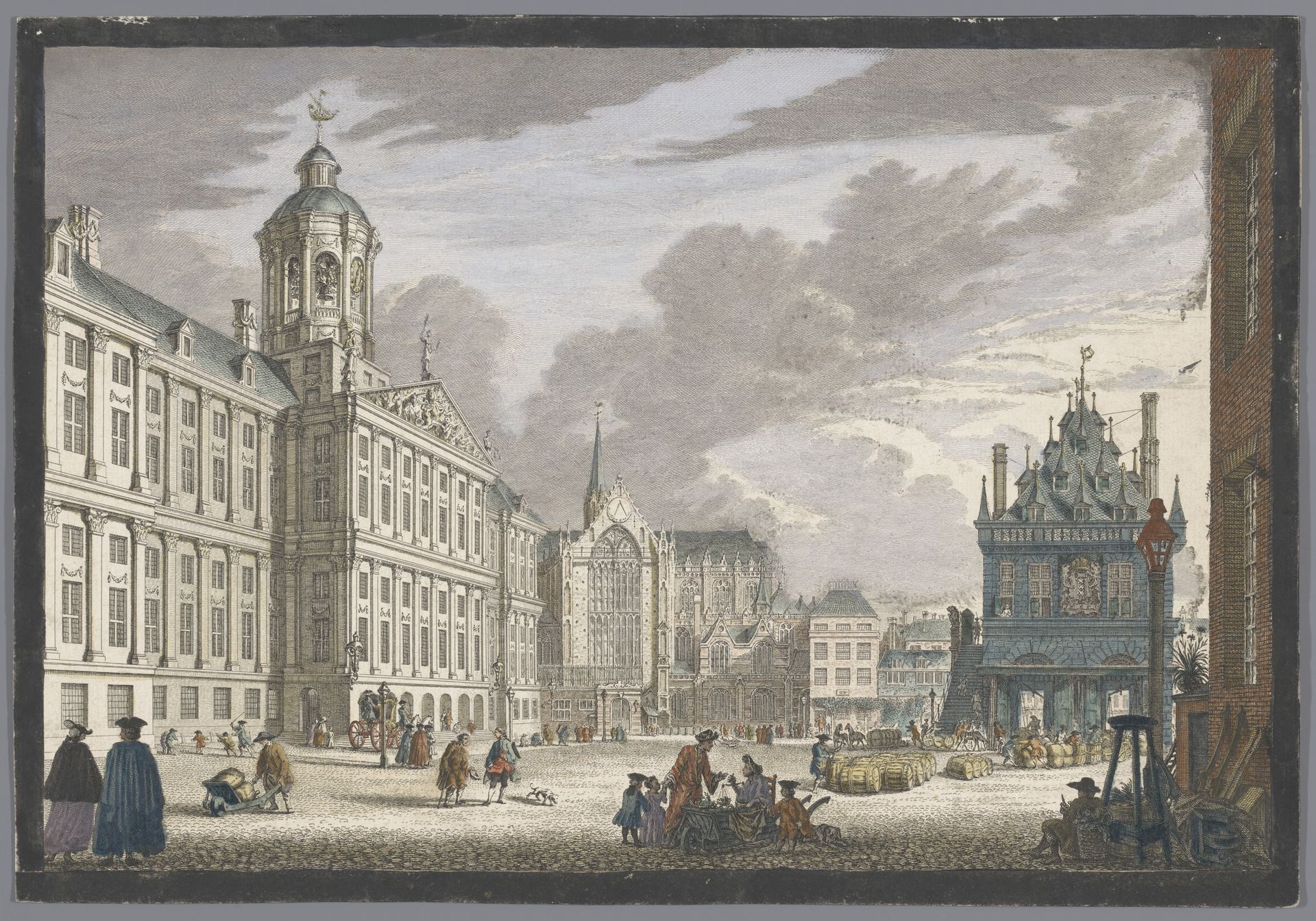 Gezicht op het Stadhuis, de Nieuwe Kerk en de Waag op de Dam te Amsterdam by Pierre Fouquet