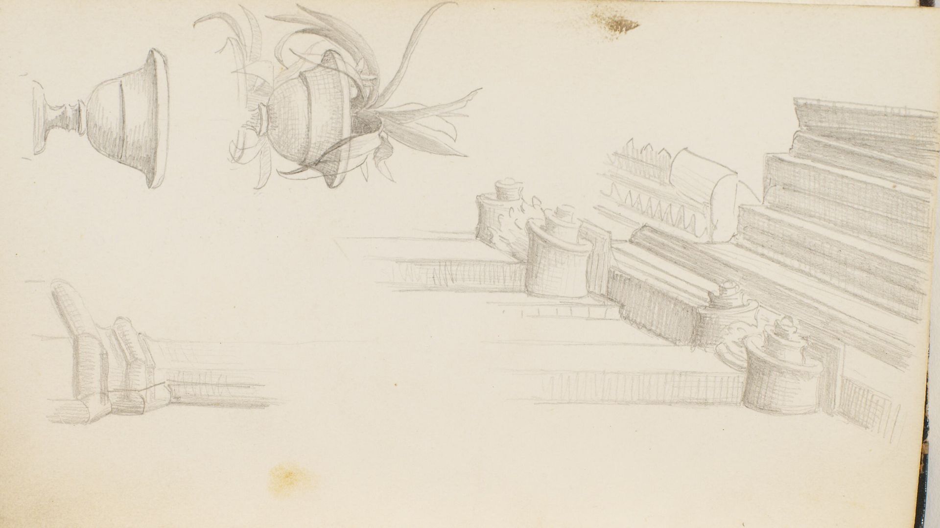 To sandstensvaser, den ene tom, den anden med en agarveplante. Gesims med profilering og pilastre med korintiske kapitæler by P.C. Skovgaard