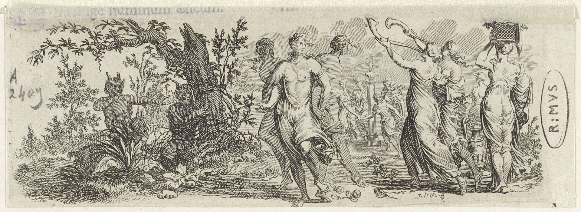 Dansende nimfen door saters bespied by Jan van Vianen