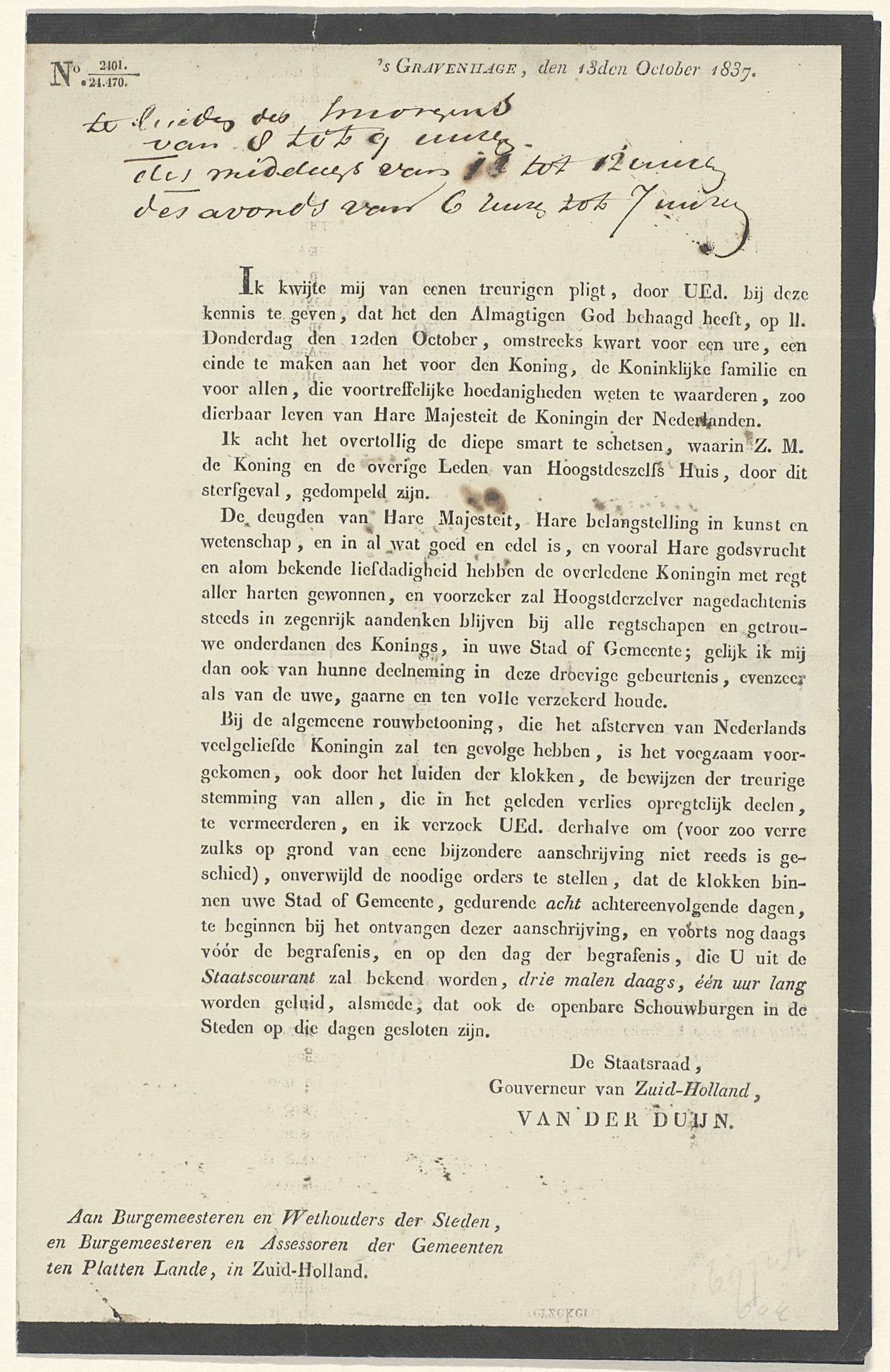 Brief aan de burgemeester van Schipluiden over de dood van koningin Wilhelmina van Pruisen, 1837 by Adam François Jules Armand van der Duyn