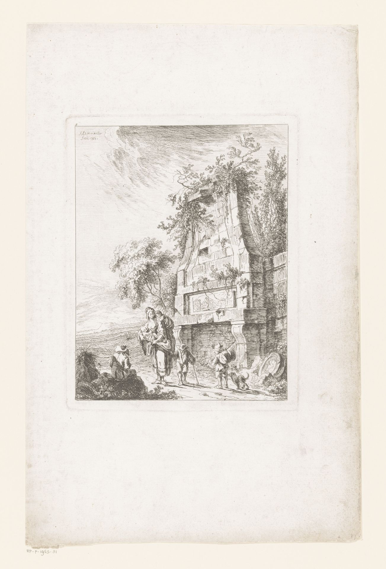 Vrouw met kinderen bij een ruïne van een monument by Franz Edmund Weirotter