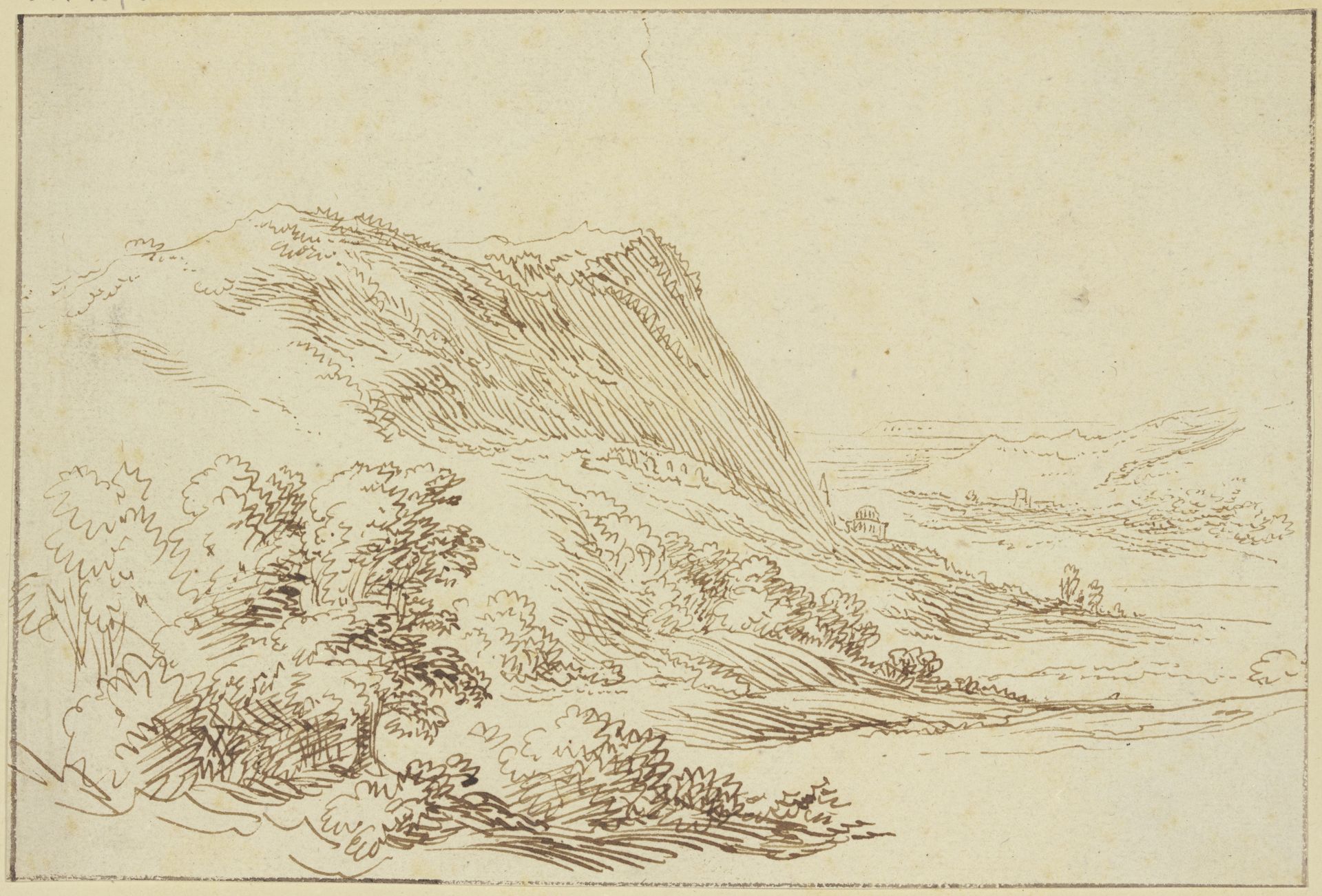 Landschaft, links ein Berg und Sträucher, rechts ein Tal im Hintergrund by Vincent van der Vinne