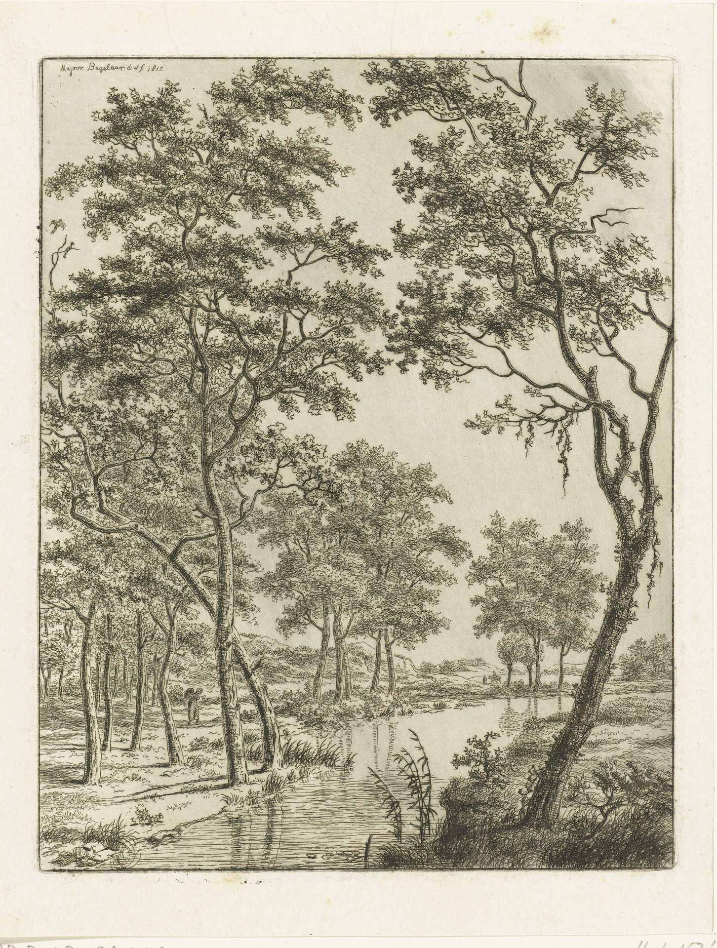 Rivierlandschap met bomen, in de verte twee ruiters by Ernst Willem Jan Bagelaar