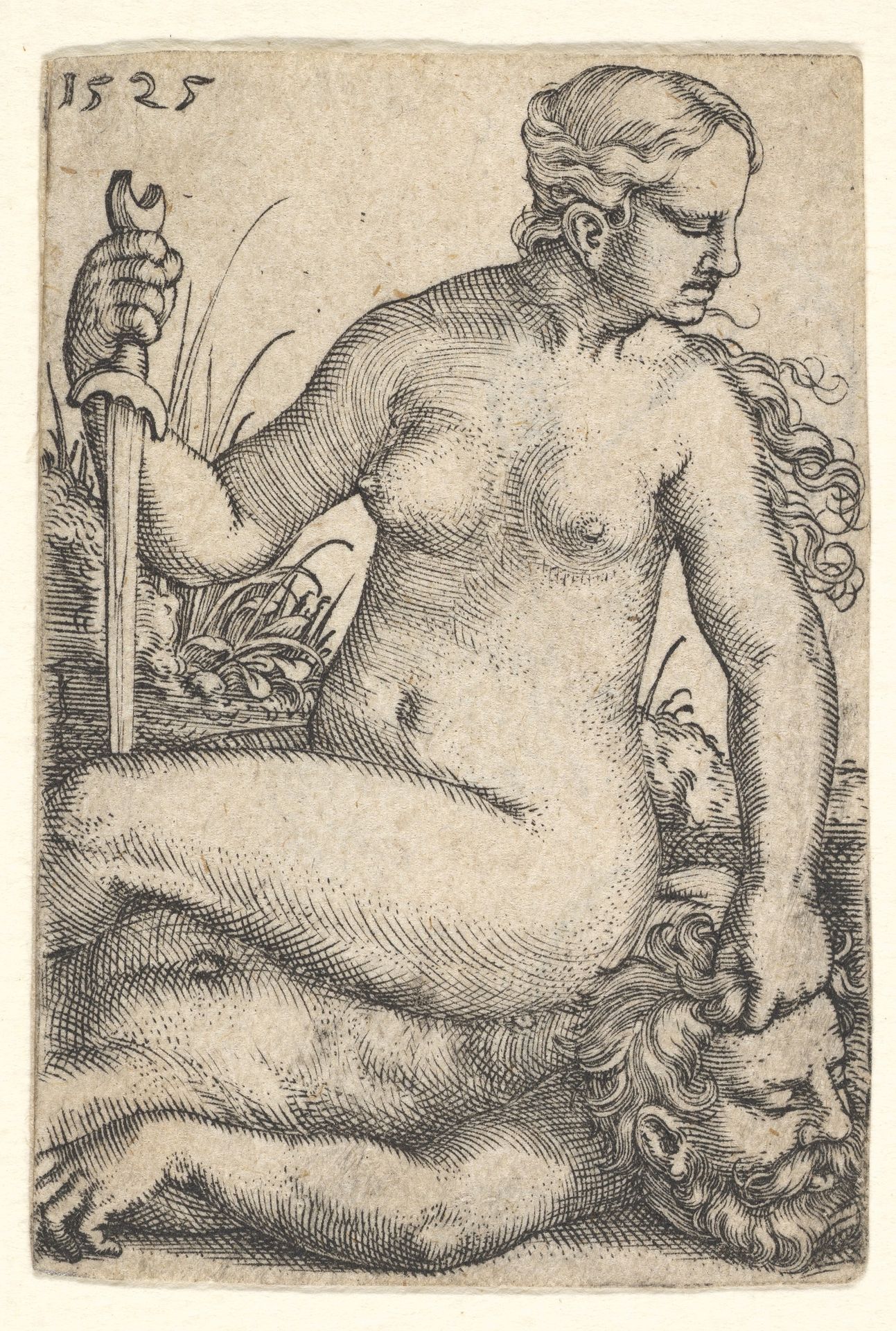 Judith, looking towards the right, seated nude atop the dead body of Holofernes, with a sword in her right hand and the head of Holofernes in her left hand by Barthel Beham