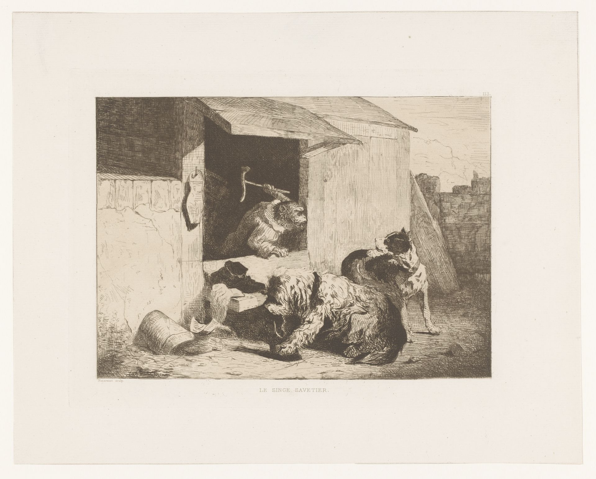 Aap gekleed als schoenmaker jaagt twee honden weg die op schoenen bijten by Zacharie Noterman