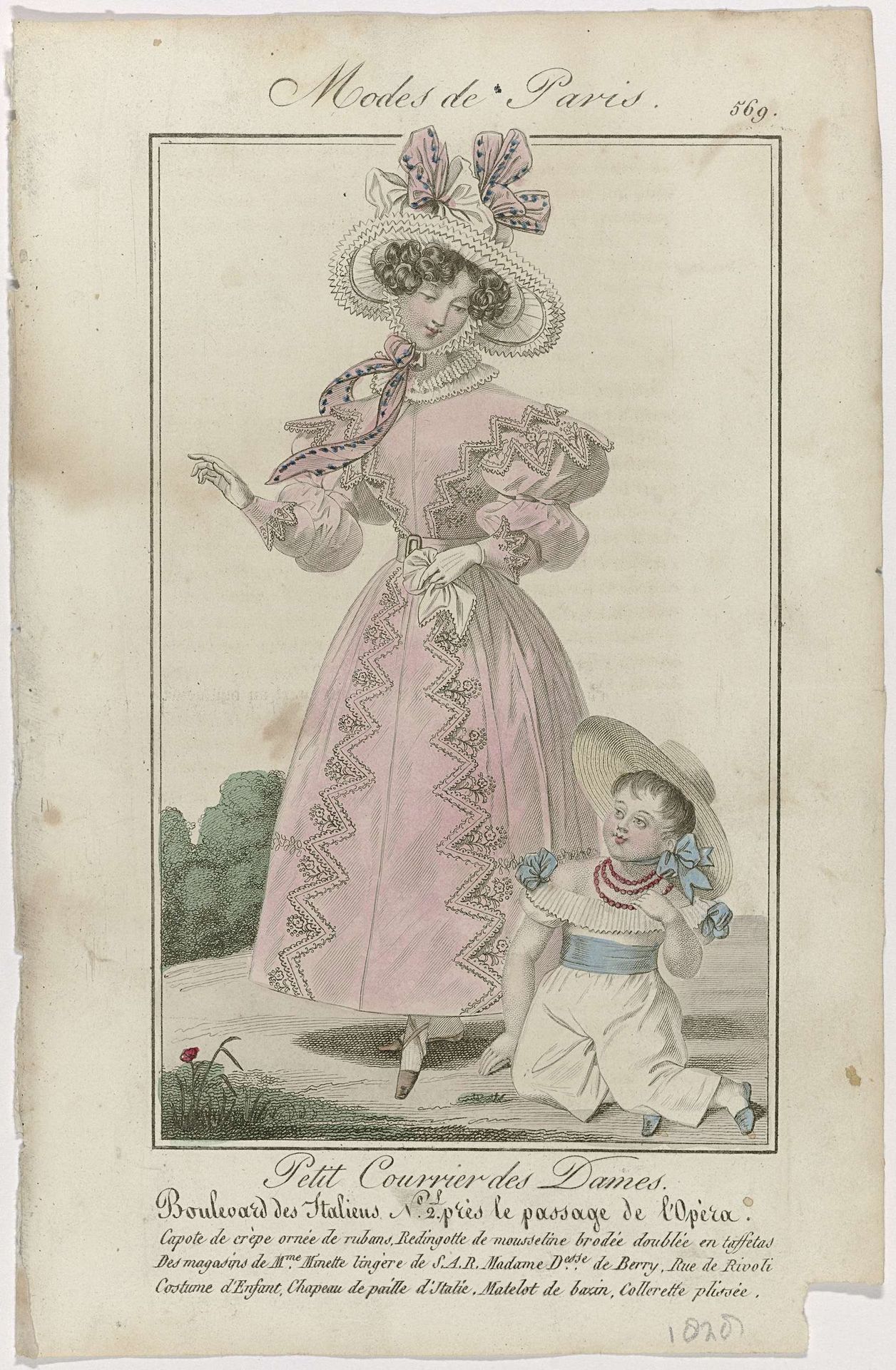 Petit Courrier des Dames, 1828, No. 569 : Capote de crèpe ornée de rubans (...) by Anonymous