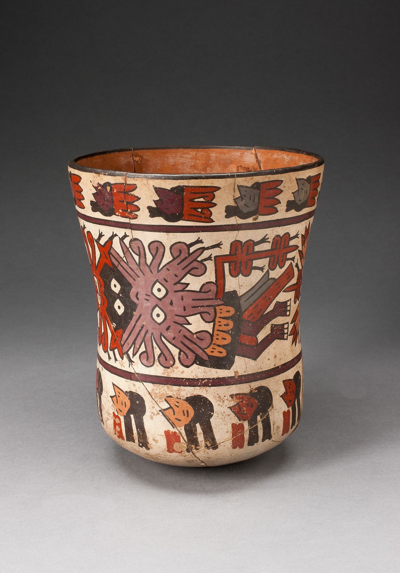 Beaker Depicting Costumed Ritual Performer with Abstract Trophy Heads, Heavily Restored by Nazca